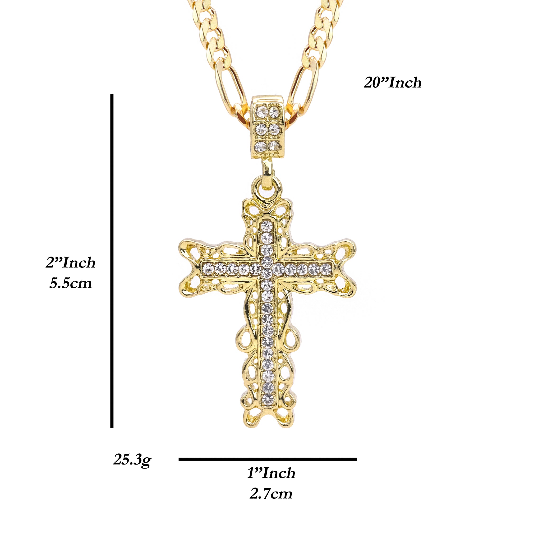 Curve Cross Iced Pendant 20" Figaro Chain Hip Hop Style 18k Gold Plated