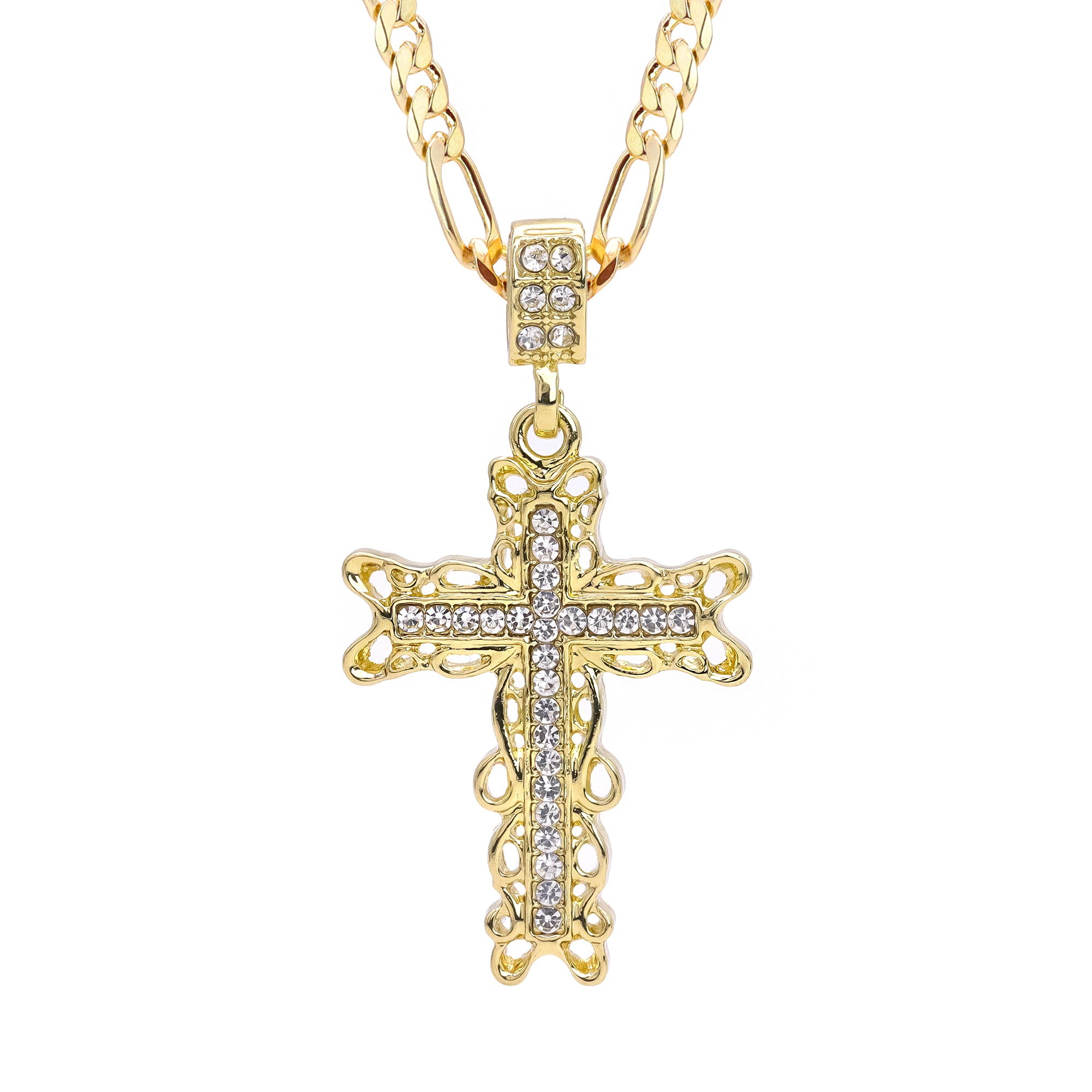 Curve Cross Iced Pendant 20" Figaro Chain Hip Hop Style 18k Gold Plated