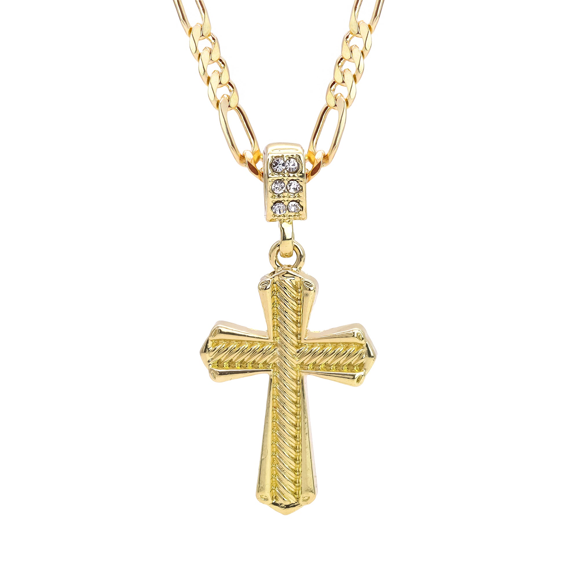 High Fashion Cross Pendant 20" Figaro Chain Hip Hop Style 18k Gold Plated