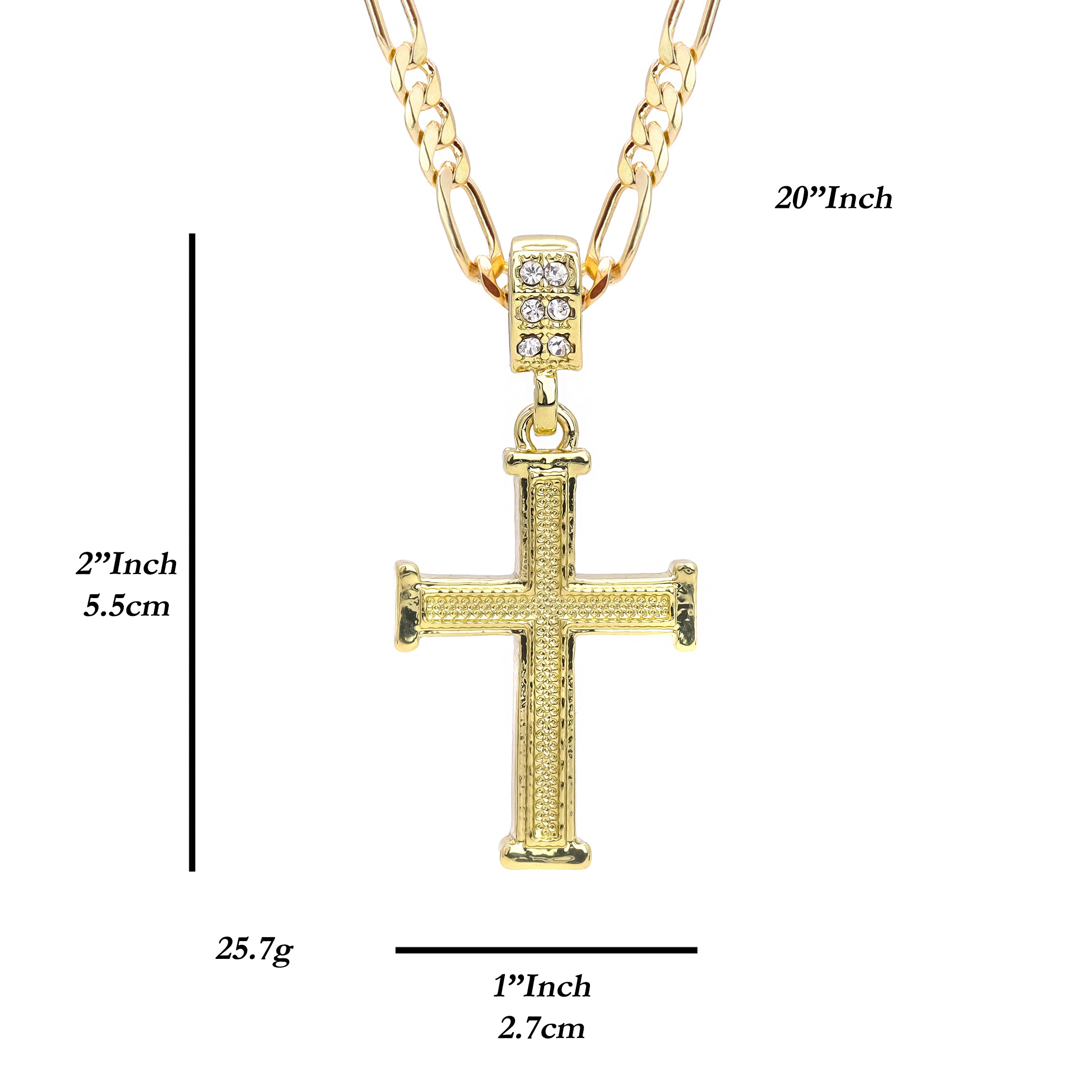 Staple Edge Cross Pendant 20" Figaro Chain Hip Hop Style 18k Gold Plated
