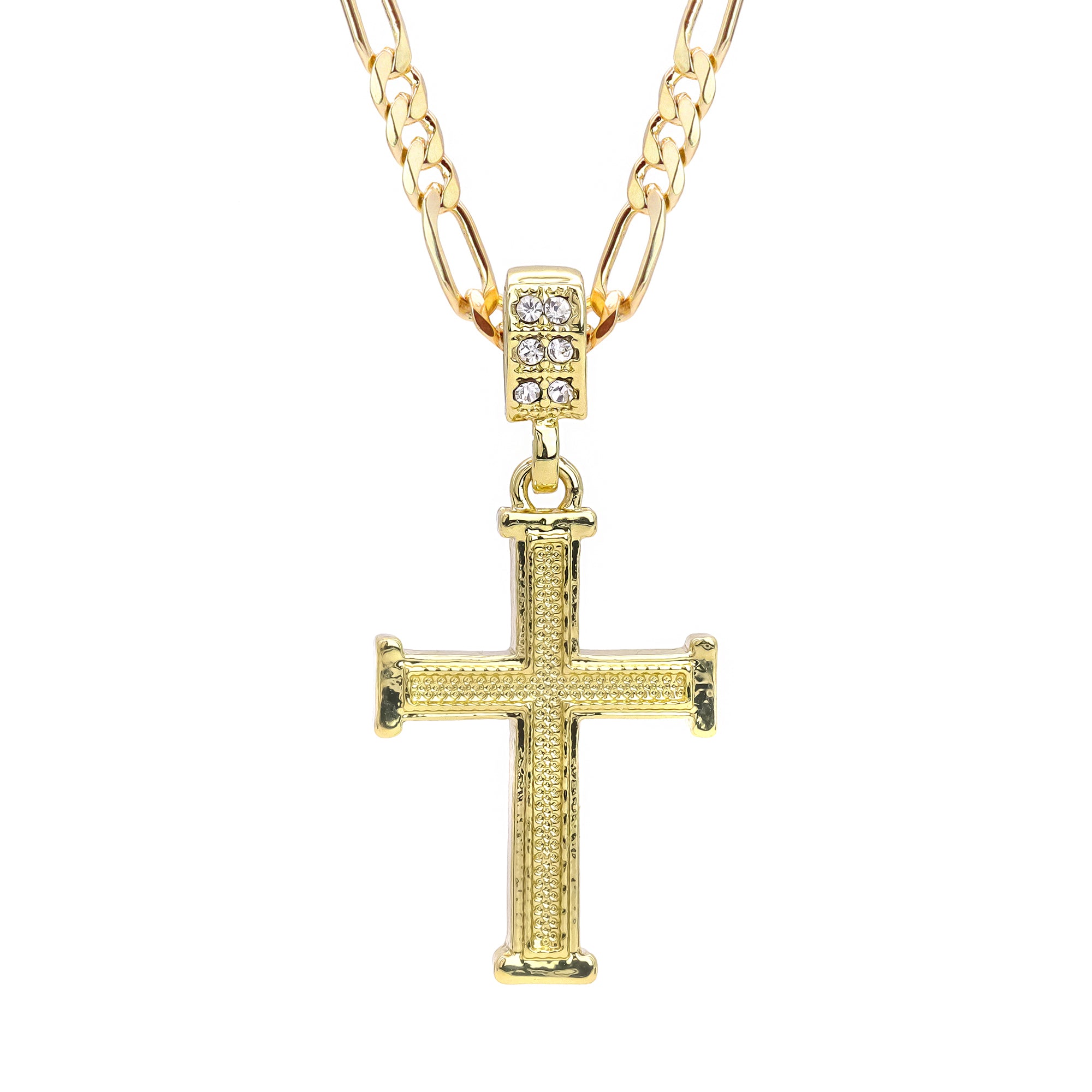 Staple Edge Cross Pendant 20" Figaro Chain Hip Hop Style 18k Gold Plated