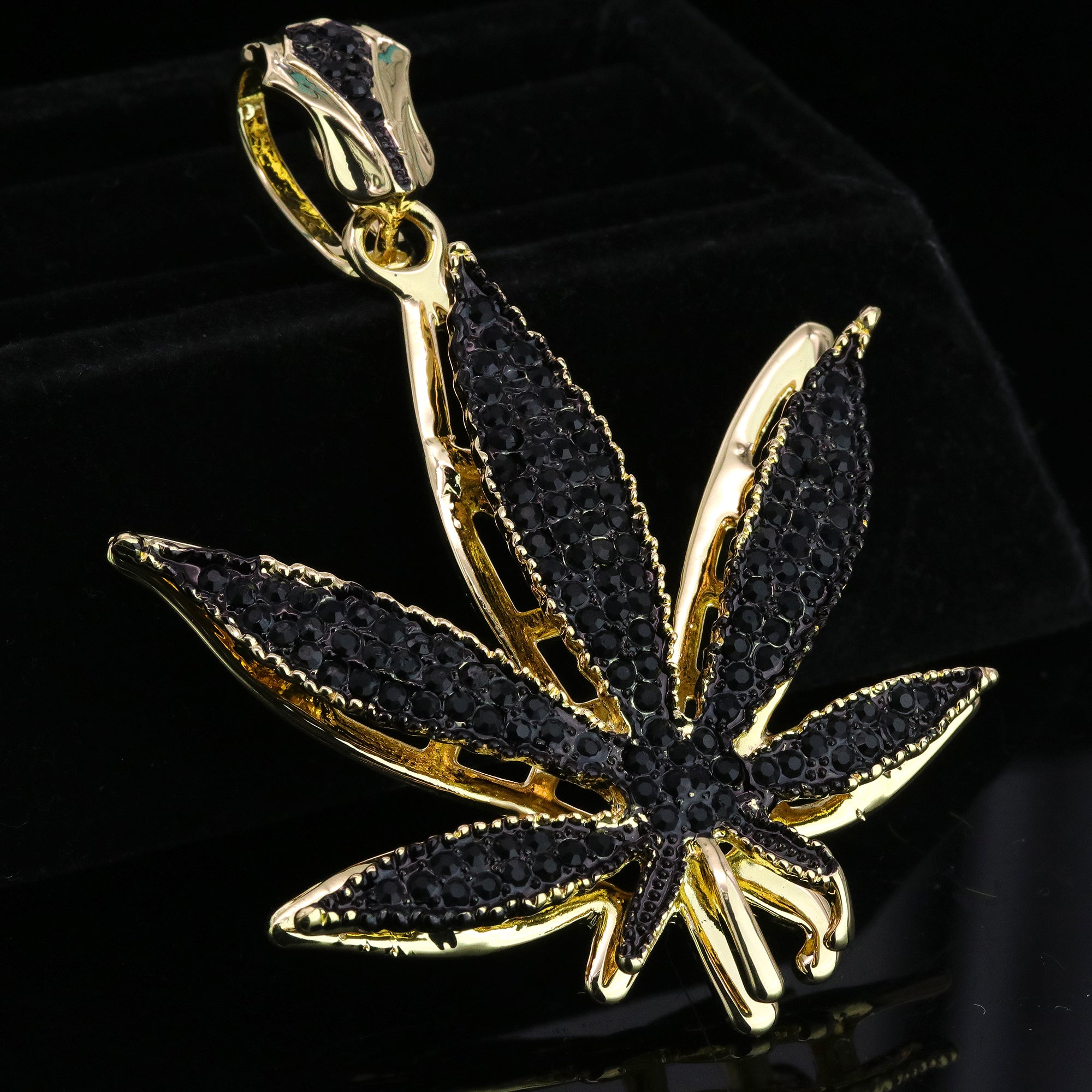 Iced Large Black Marijuana Pendant Iced Cuban Cz Chain Mens Hip Hop Jewelry 18-24"