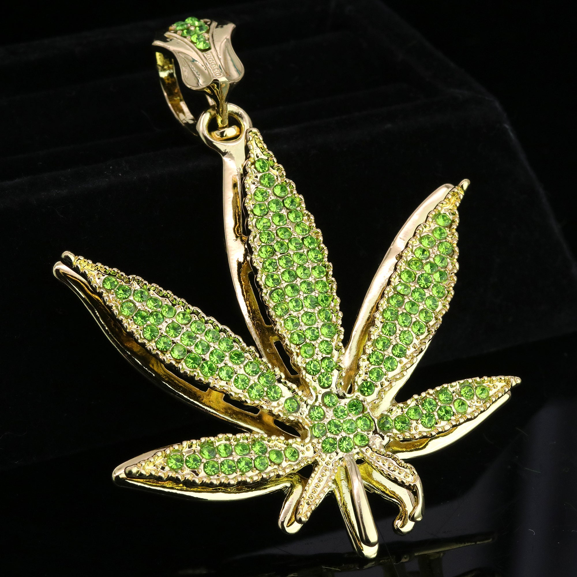 Iced Large Green Marijuana Pendant & Iced Cuban CZ Chain Necklace – Hip Hop Jewelry for Men – 18"-24"