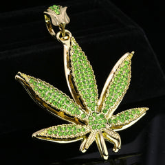 Iced Large Green Marijuana Pendant & Iced Cuban CZ Chain Necklace – Hip Hop Jewelry for Men – 18"-24"