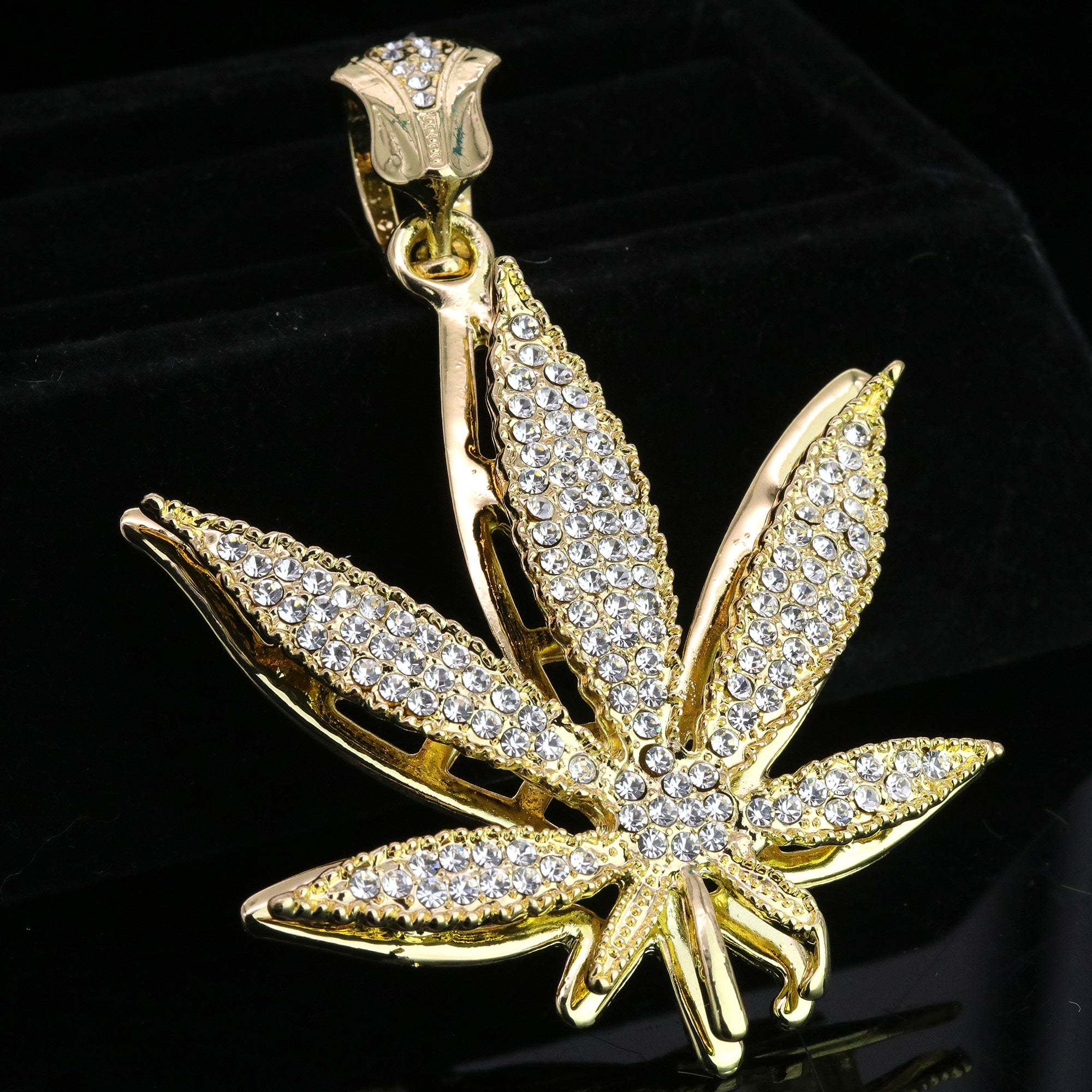 Marijuana Leaf Shaped Pendant & Iced Large Gold Marijuana Pendant – Iced Cuban CZ Chain Necklace – Hip Hop Jewelry for Men – 18"-24"