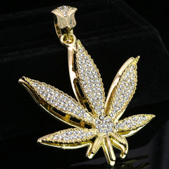 Marijuana Leaf Shaped Pendant & Iced Large Gold Marijuana Pendant – Iced Cuban CZ Chain Necklace – Hip Hop Jewelry for Men – 18"-24"