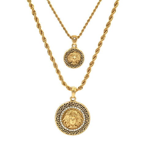 MEDUSA DOUBLE  PENDANT WITH GOLD ROPE CHAIN