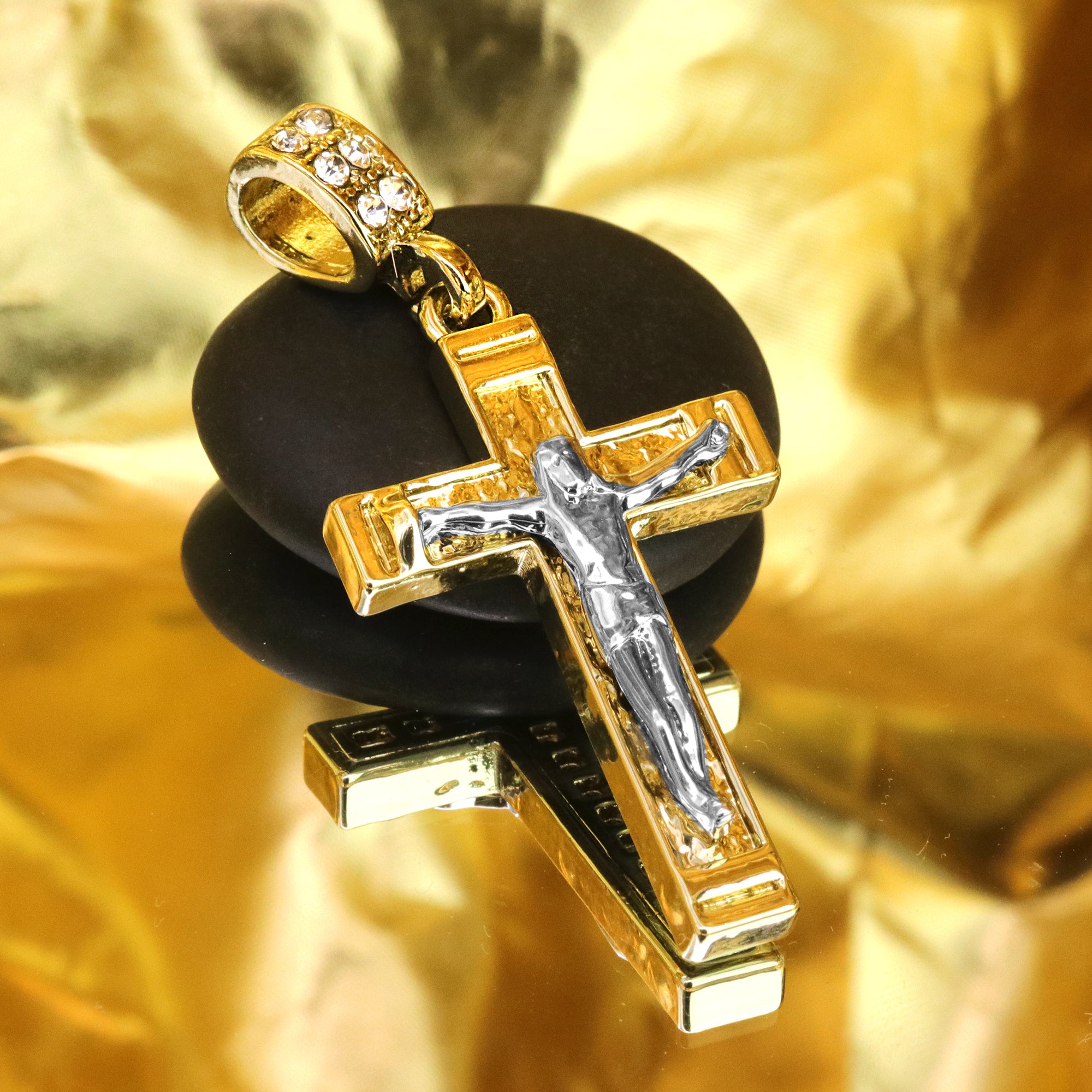 Copy of Jesus Nugget Cross Two Tone Iced Pendant 20" Figaro Chain Hip Hop Style 18k Gold Plated