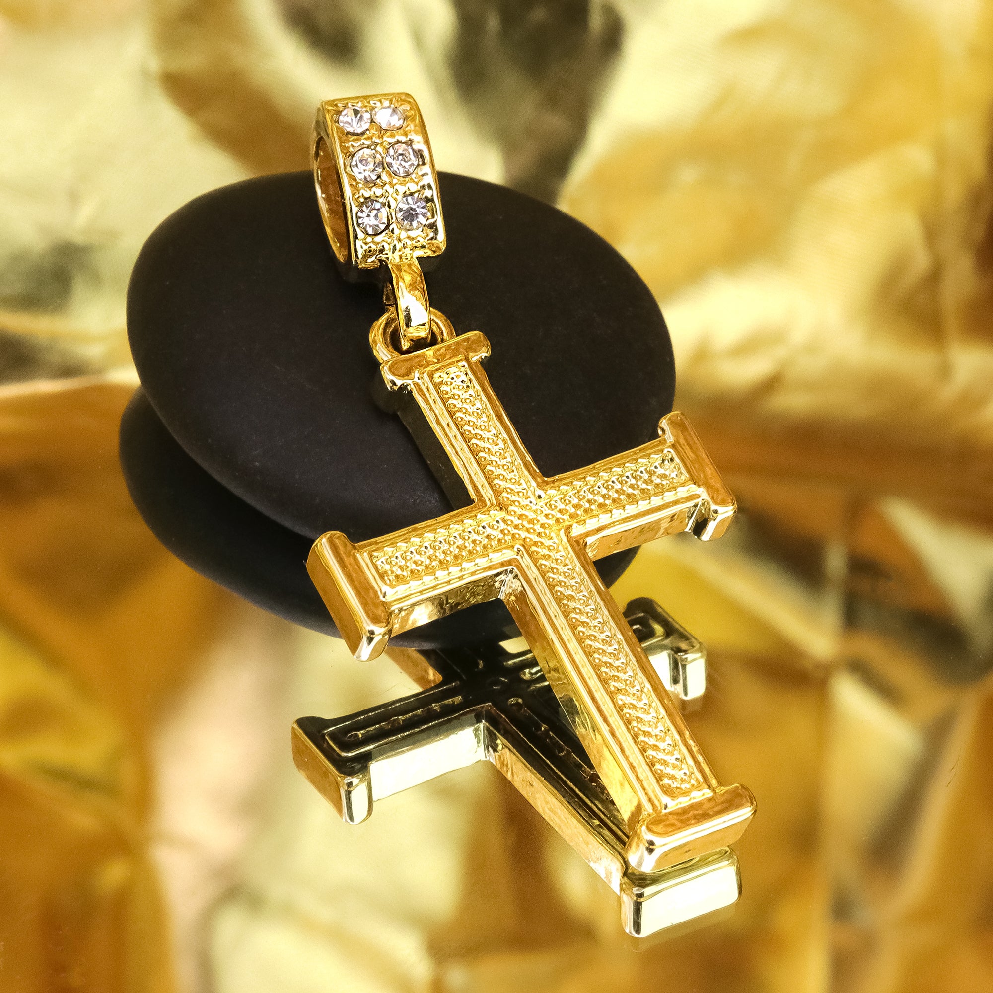 Staple Edge Cross Pendant 20" Figaro Chain Hip Hop Style 18k Gold Plated