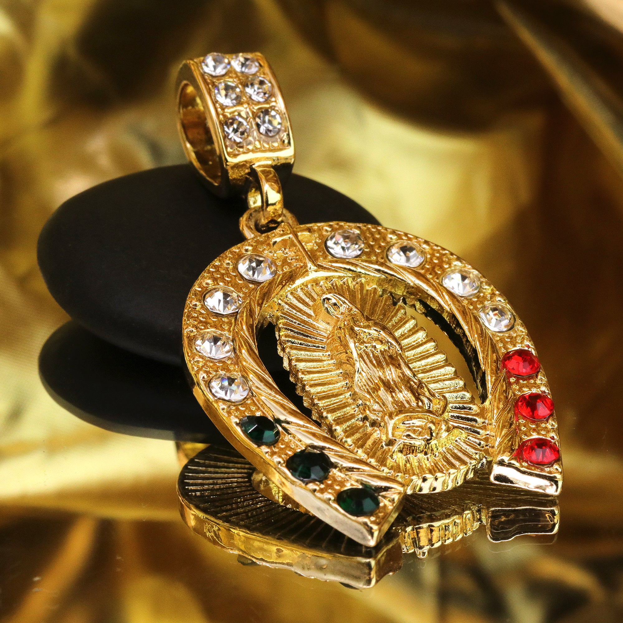 Iced Guadalupe Horse Shoe Mexican Color Pendant 24" Figaro Chain Hip Hop Style 18k Gold Plated
