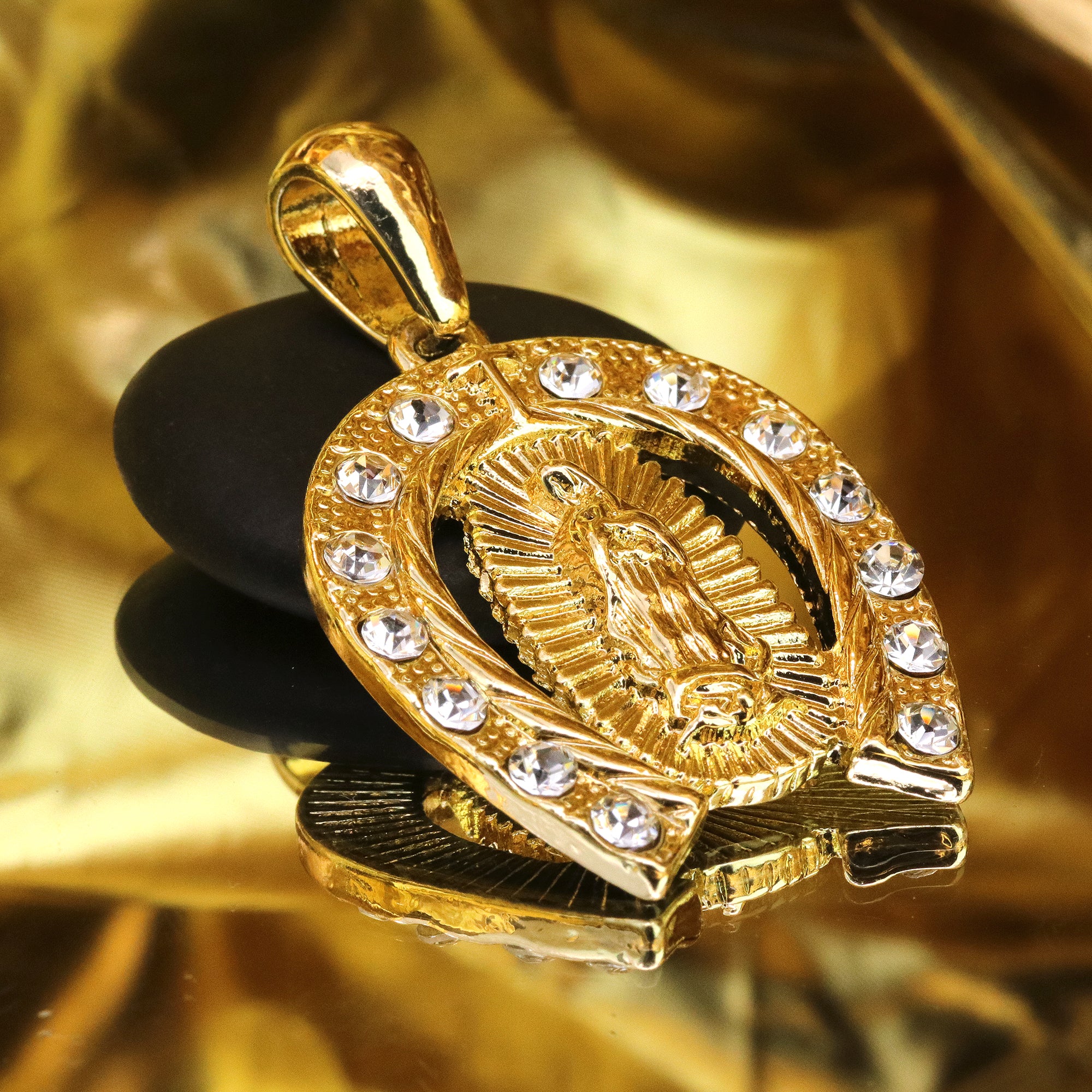 Iced Guadalupe Horse Shoe Pendant 24" Figaro Chain Hip Hop Style 18k Gold Plated