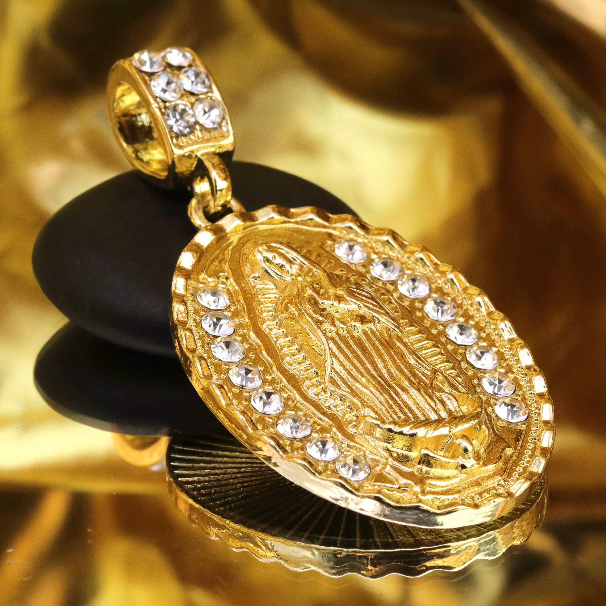 Iced Oval Guadalupe Pendant 24" Figaro Chain Hip Hop Style 18k Gold Plated