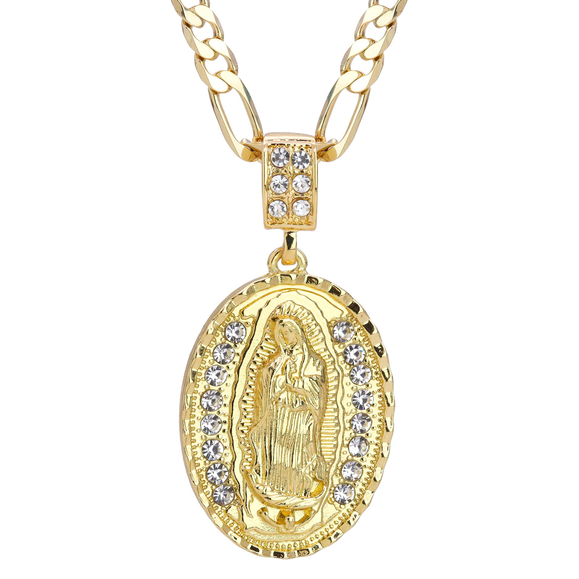 Iced Oval Guadalupe Pendant 24" Figaro Chain Hip Hop Style 18k Gold Plated