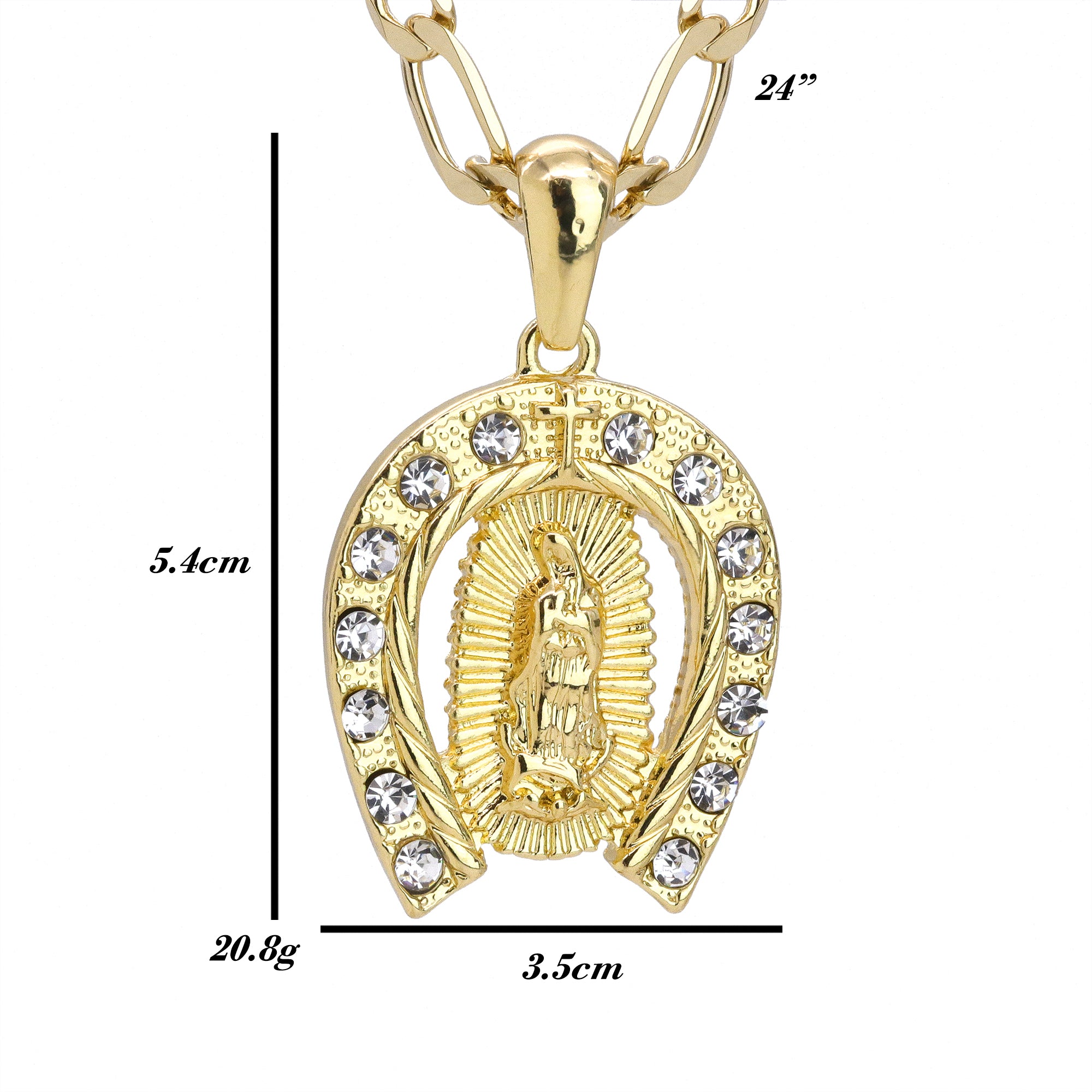 Iced Guadalupe Horse Shoe Pendant 24" Figaro Chain Hip Hop Style 18k Gold Plated