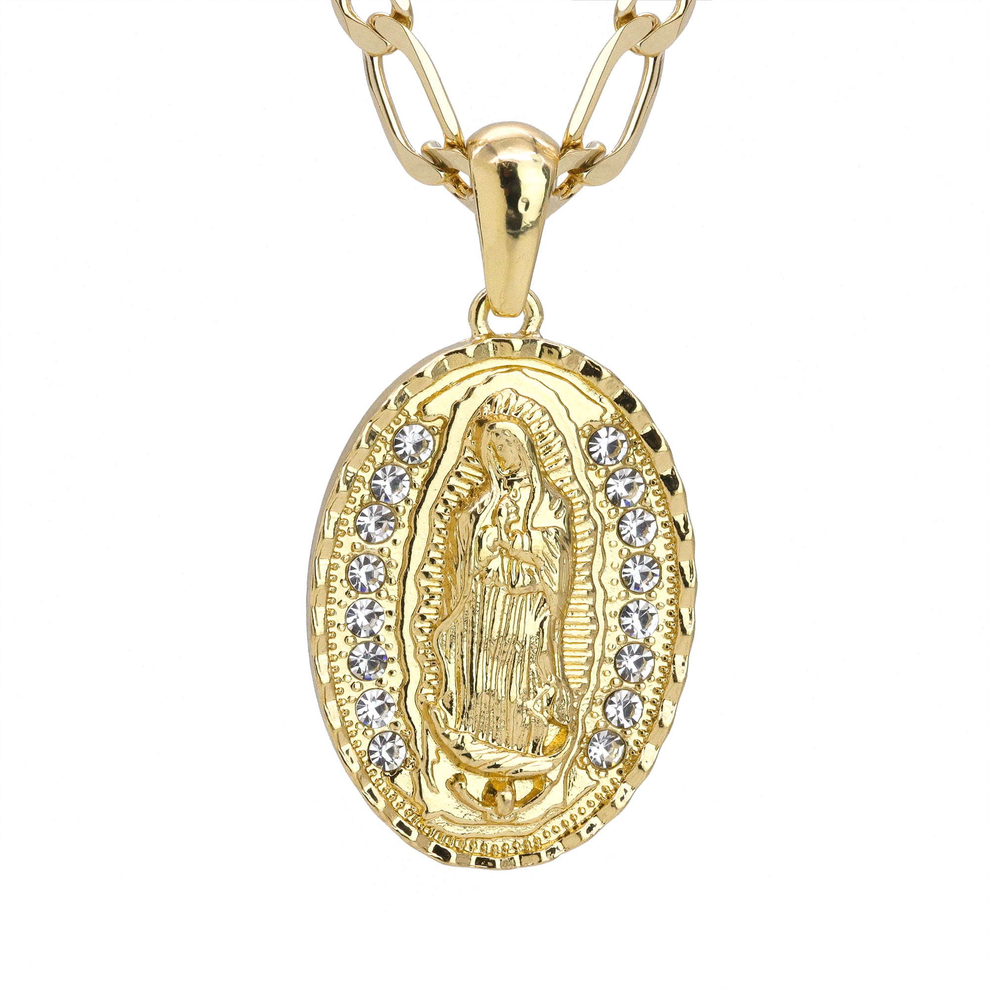 Iced Plain Hook Oval Guadalupe Pendant 24" Figaro Chain Hip Hop Style 18k Gold Plated