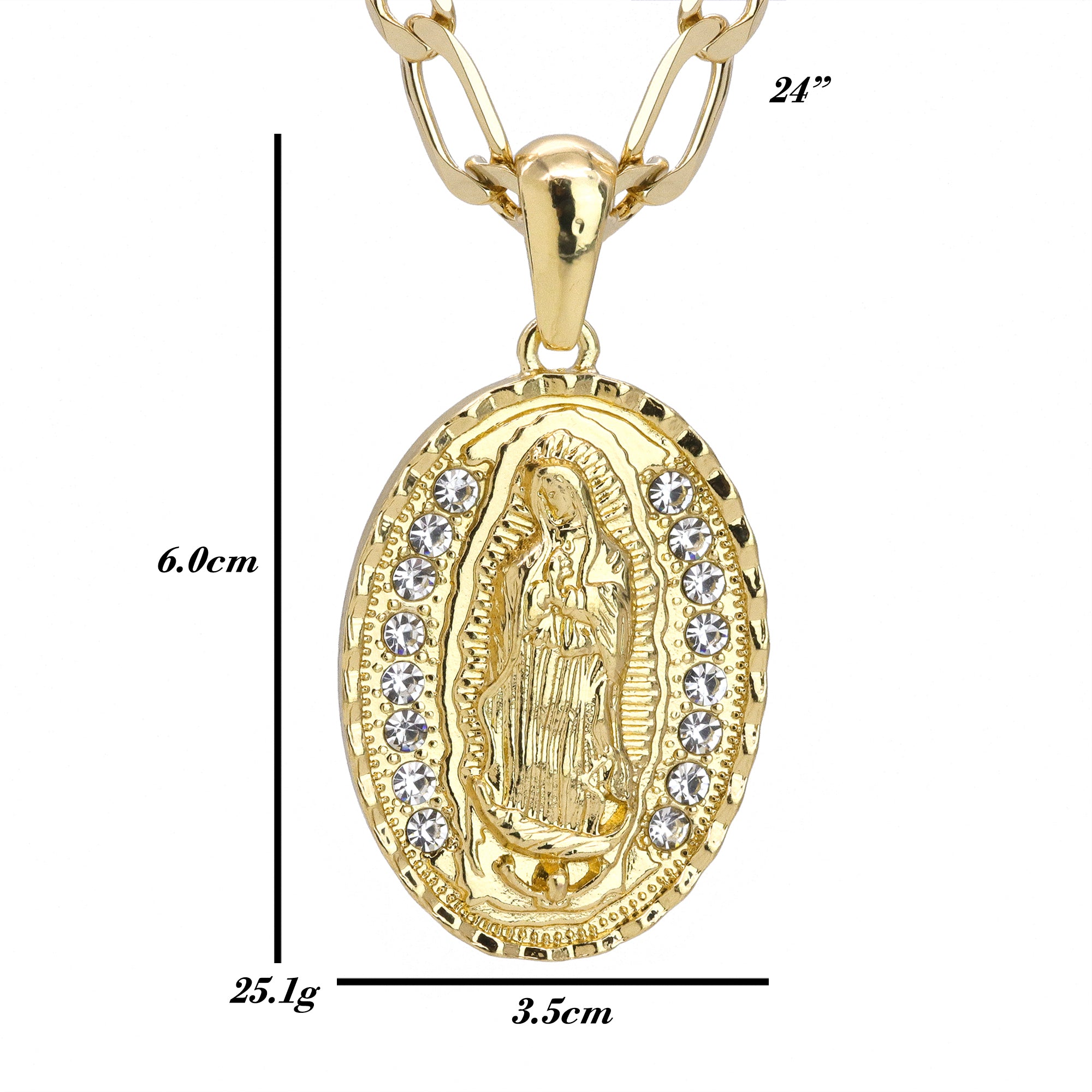 Iced Plain Hook Oval Guadalupe Pendant 24" Figaro Chain Hip Hop Style 18k Gold Plated