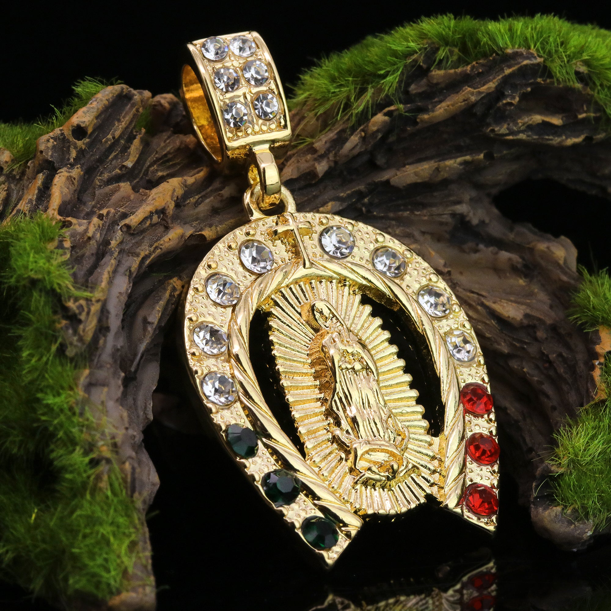 Iced Guadalupe Horse Shoe Mexican Color Pendant 24" Figaro Chain Hip Hop Style 18k Gold Plated