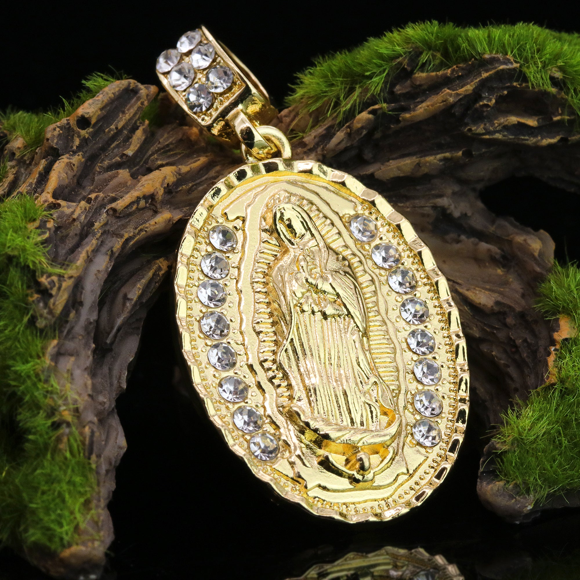Iced Oval Guadalupe Pendant 24" Figaro Chain Hip Hop Style 18k Gold Plated