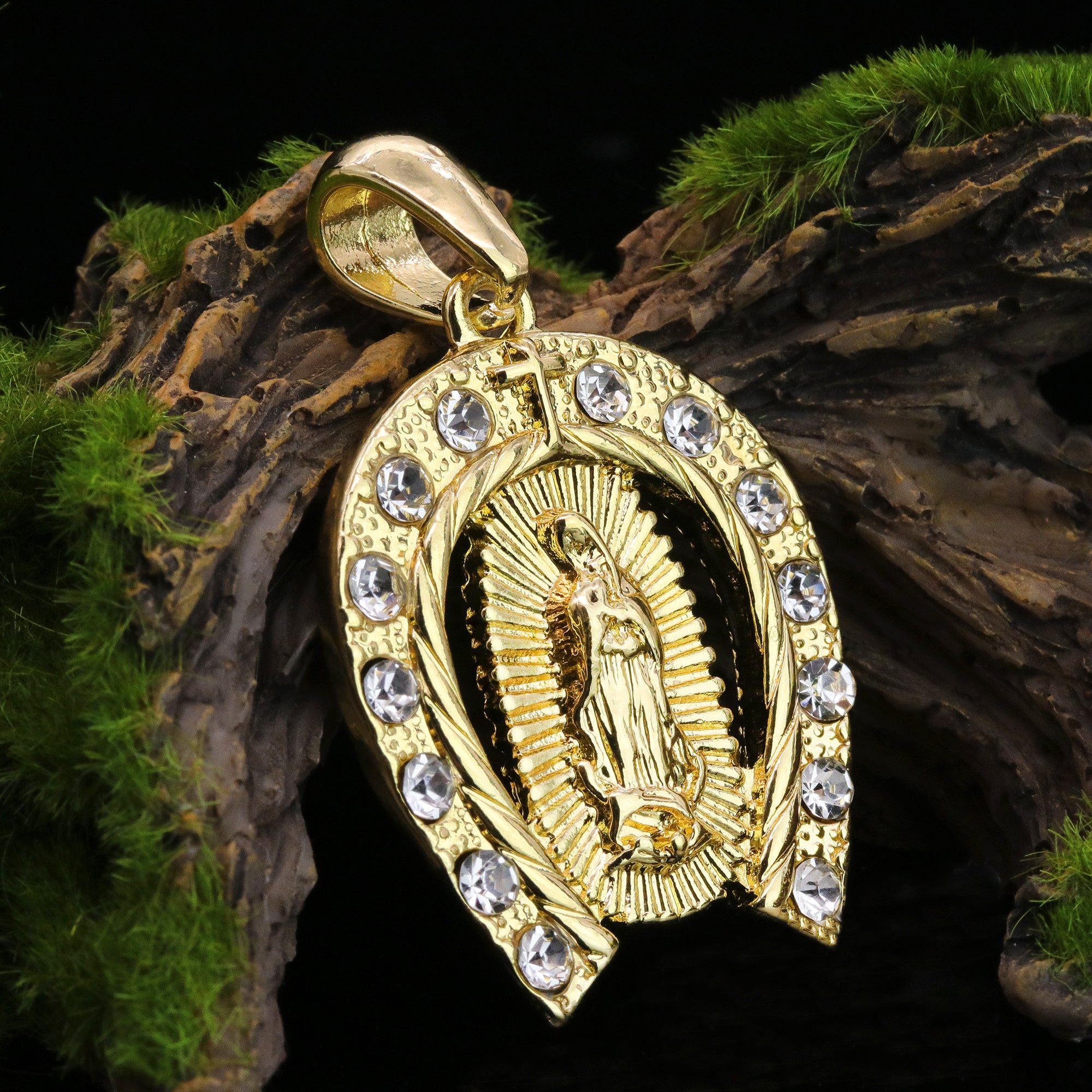 Iced Guadalupe Horse Shoe Pendant 24" Figaro Chain Hip Hop Style 18k Gold Plated