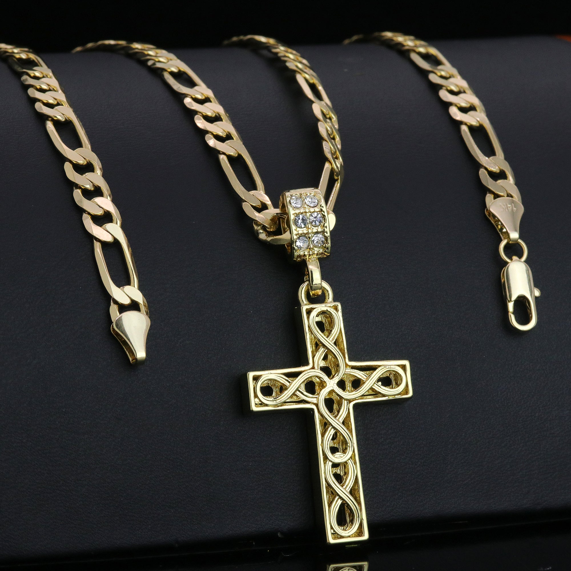 Plain Wave Cross Pendant 24" Figaro Chain Hip Hop Style 18k Gold Plated
