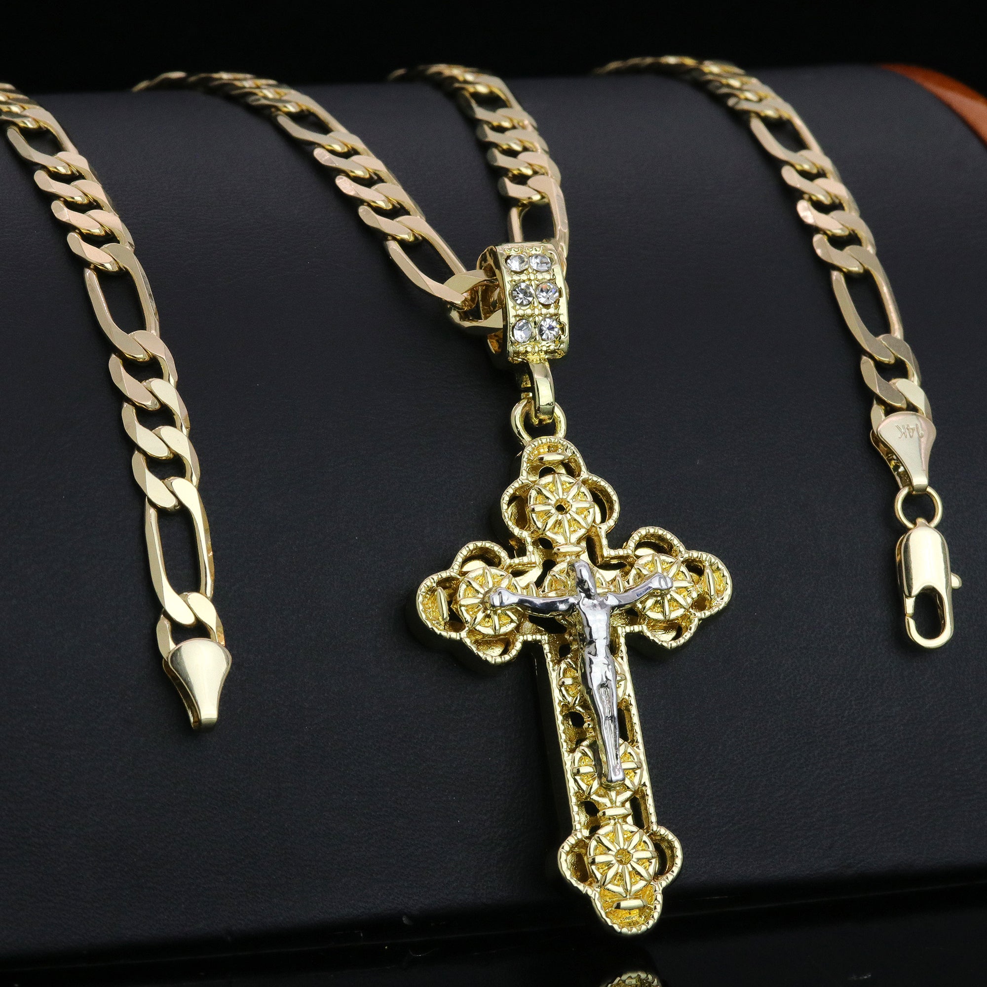 Iced Jesus Clover Cross Pendant 24" Figaro Chain Hip Hop Style 18k Gold Plated