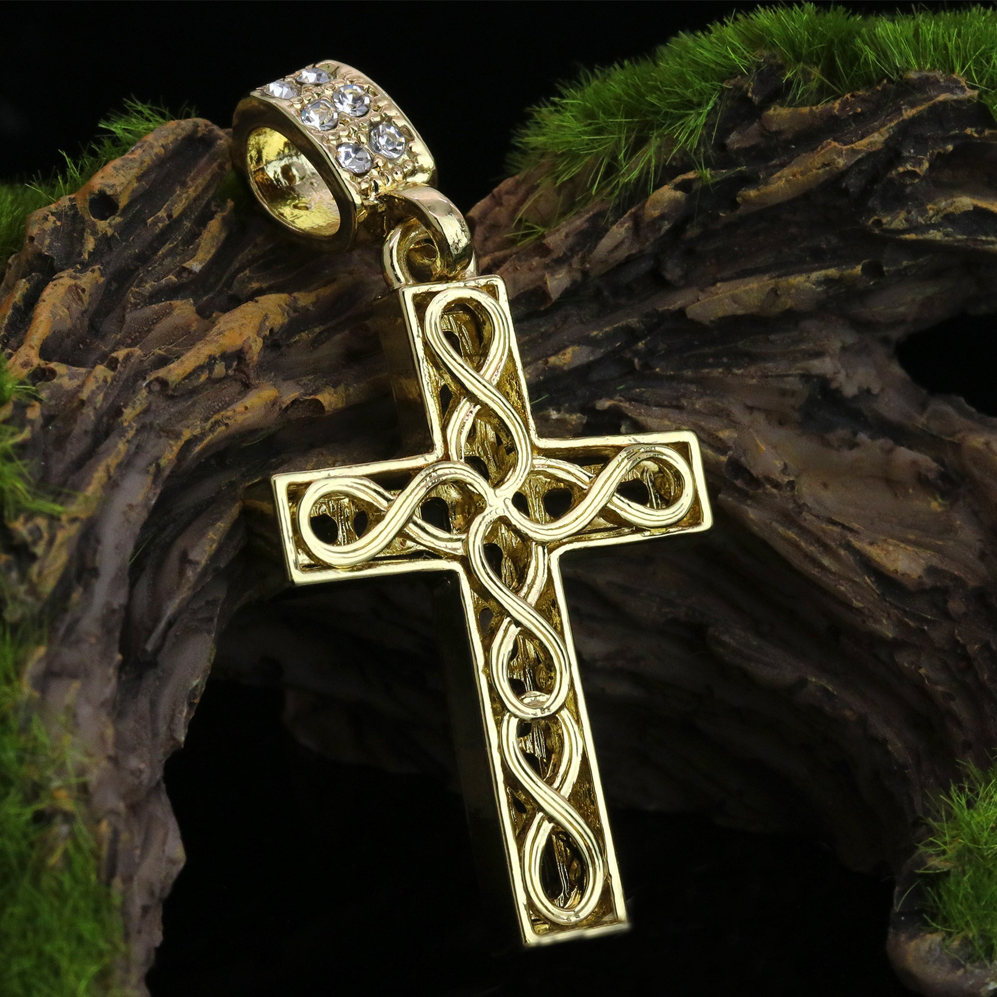 Plain Wave Cross Pendant 24" Figaro Chain Hip Hop Style 18k Gold Plated