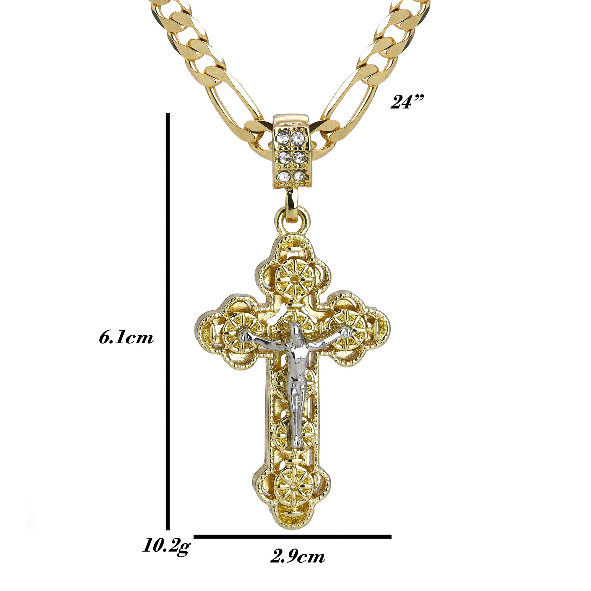 Iced Jesus Clover Cross Pendant 24" Figaro Chain Hip Hop Style 18k Gold Plated