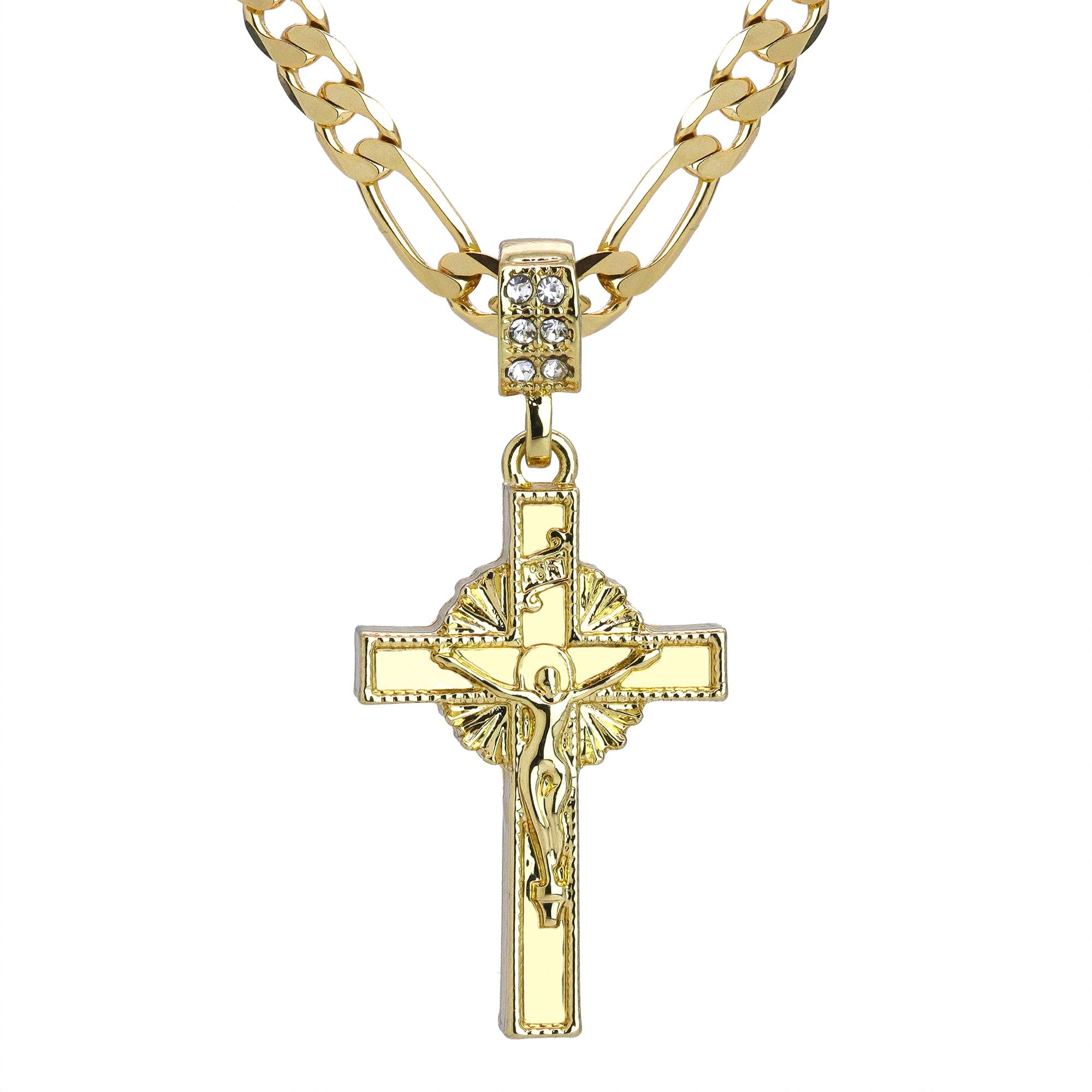 Plain Holy Jesus Cross Pendant 24" Figaro Chain Hip Hop Style 18k Gold Plated