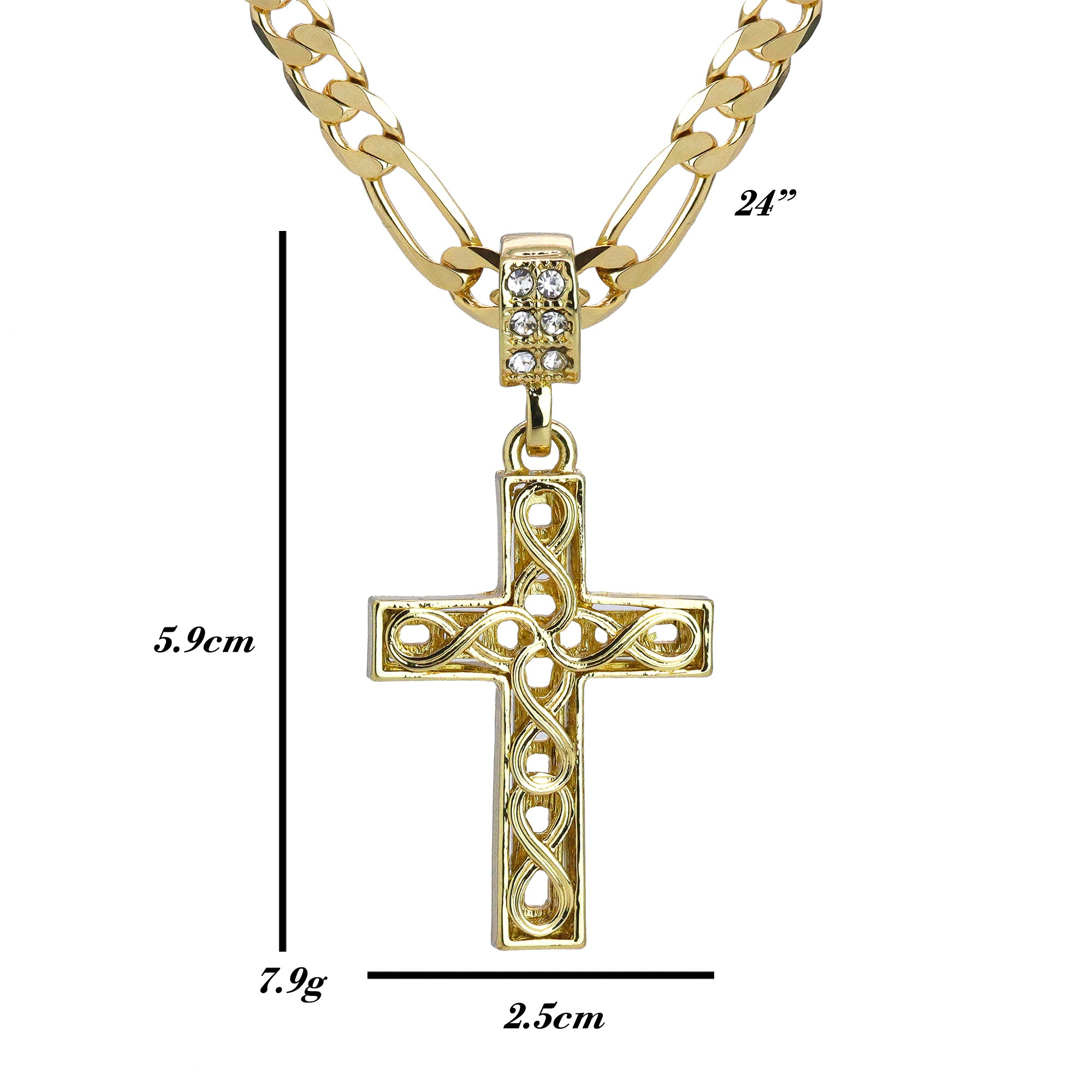 Plain Wave Cross Pendant 24" Figaro Chain Hip Hop Style 18k Gold Plated