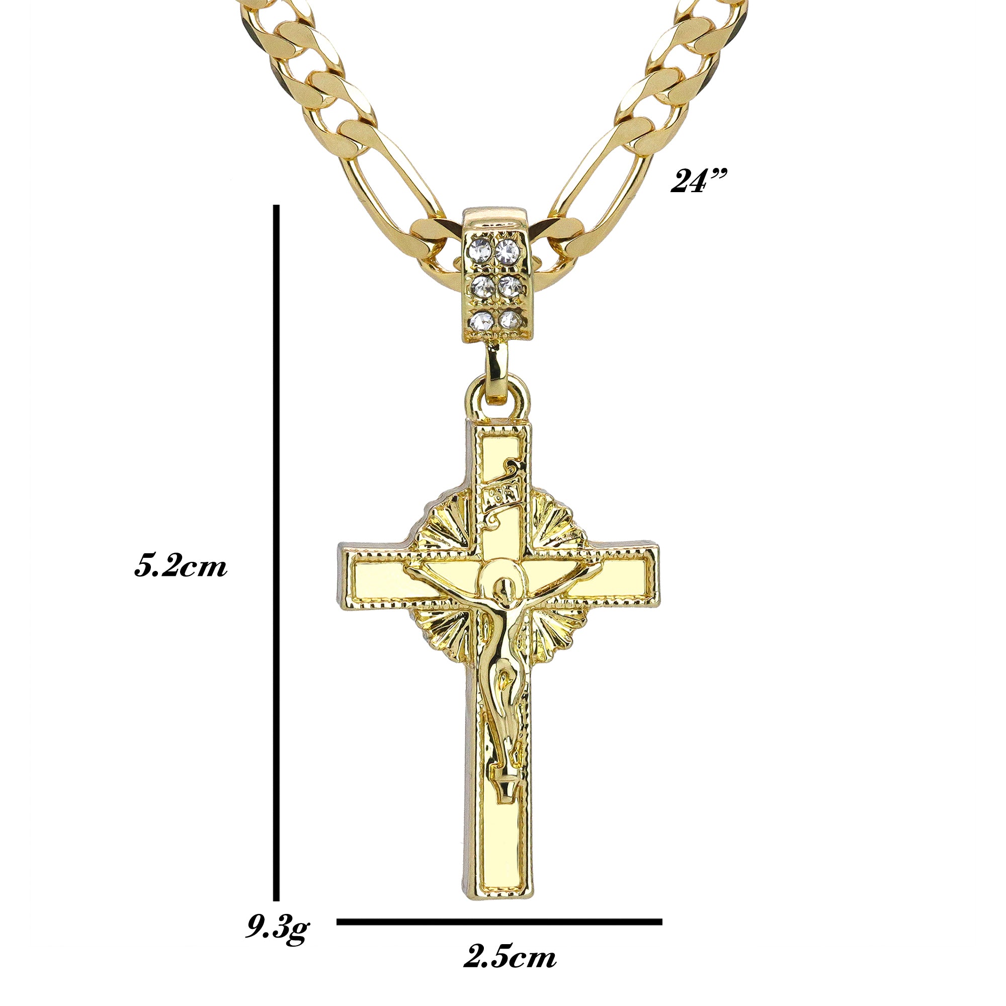 Plain Holy Jesus Cross Pendant 24" Figaro Chain Hip Hop Style 18k Gold Plated