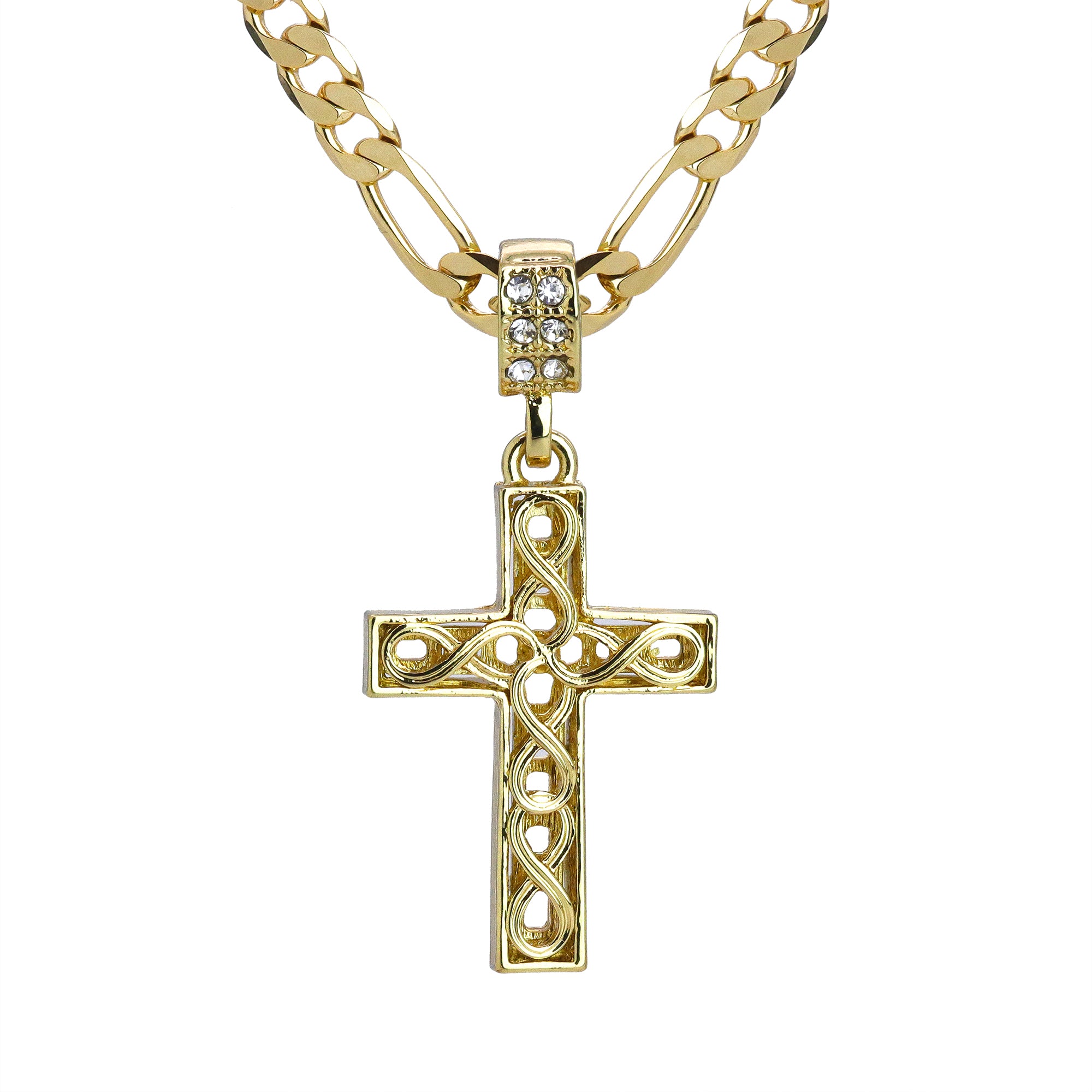 Plain Wave Cross Pendant 24" Figaro Chain Hip Hop Style 18k Gold Plated
