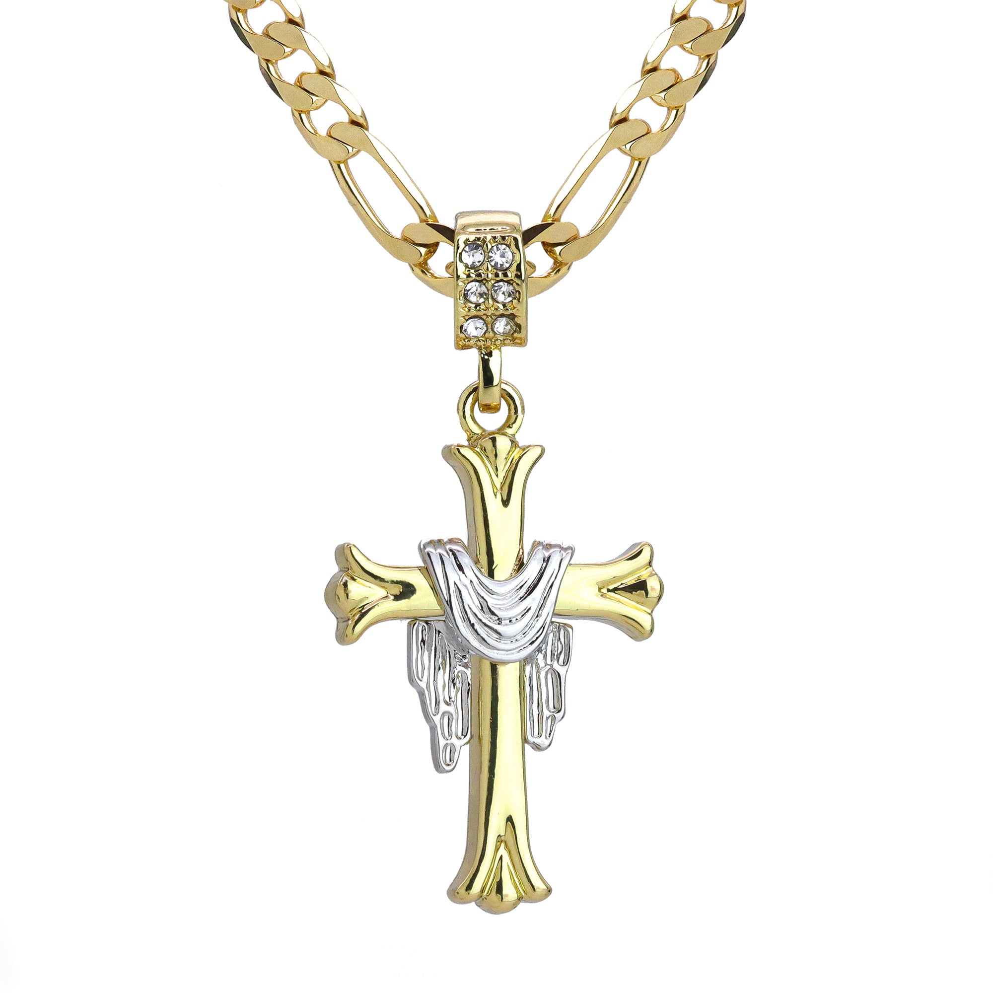 Drape Jesus Cross Pendant 24" Figaro Chain Hip Hop Style 18k Gold Plated