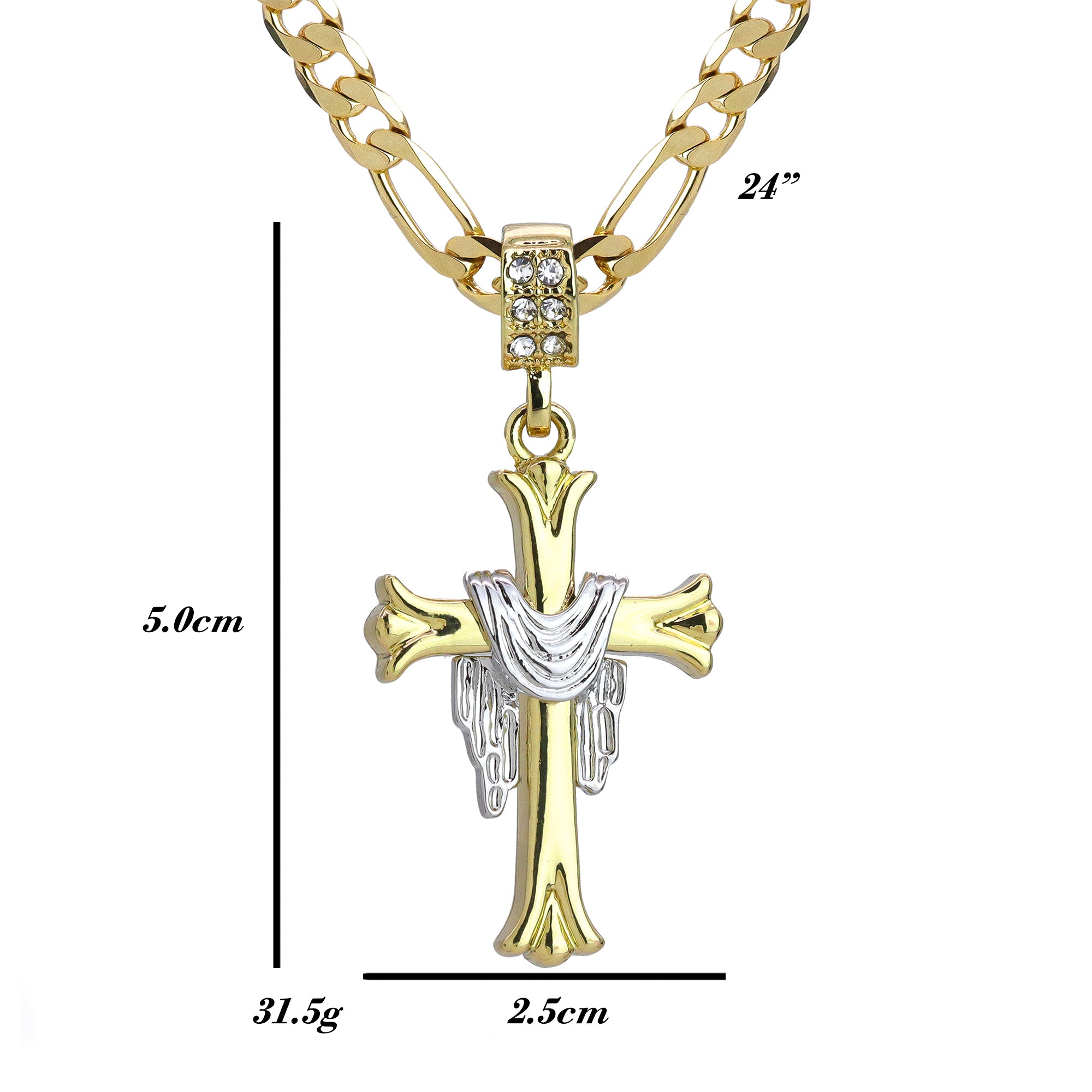 Drape Jesus Cross Pendant 24" Figaro Chain Hip Hop Style 18k Gold Plated