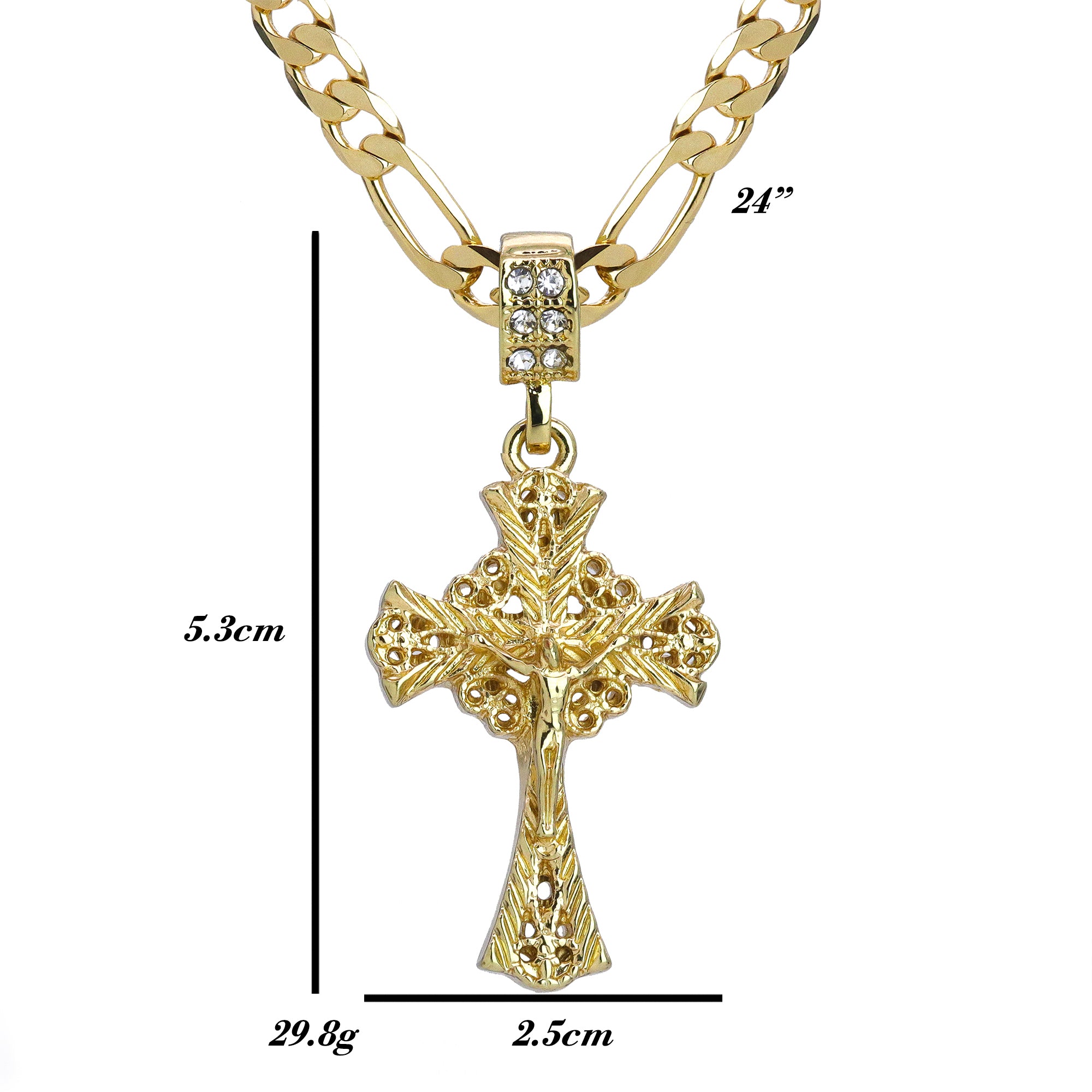 Rose Pattern Jesus Cross Pendant 24" Figaro Chain Hip Hop Style 18k Gold Plated