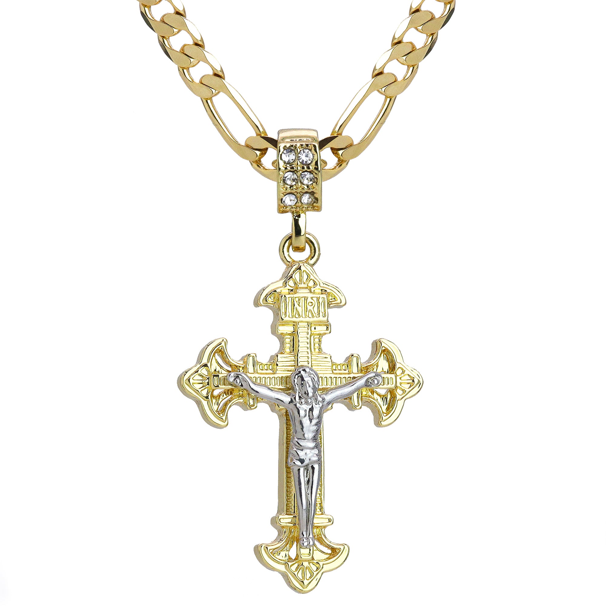 INRI Sharp Two Tone Jesus Cross Pendant 24" Figaro Chain Hip Hop Style 18k Gold Plated