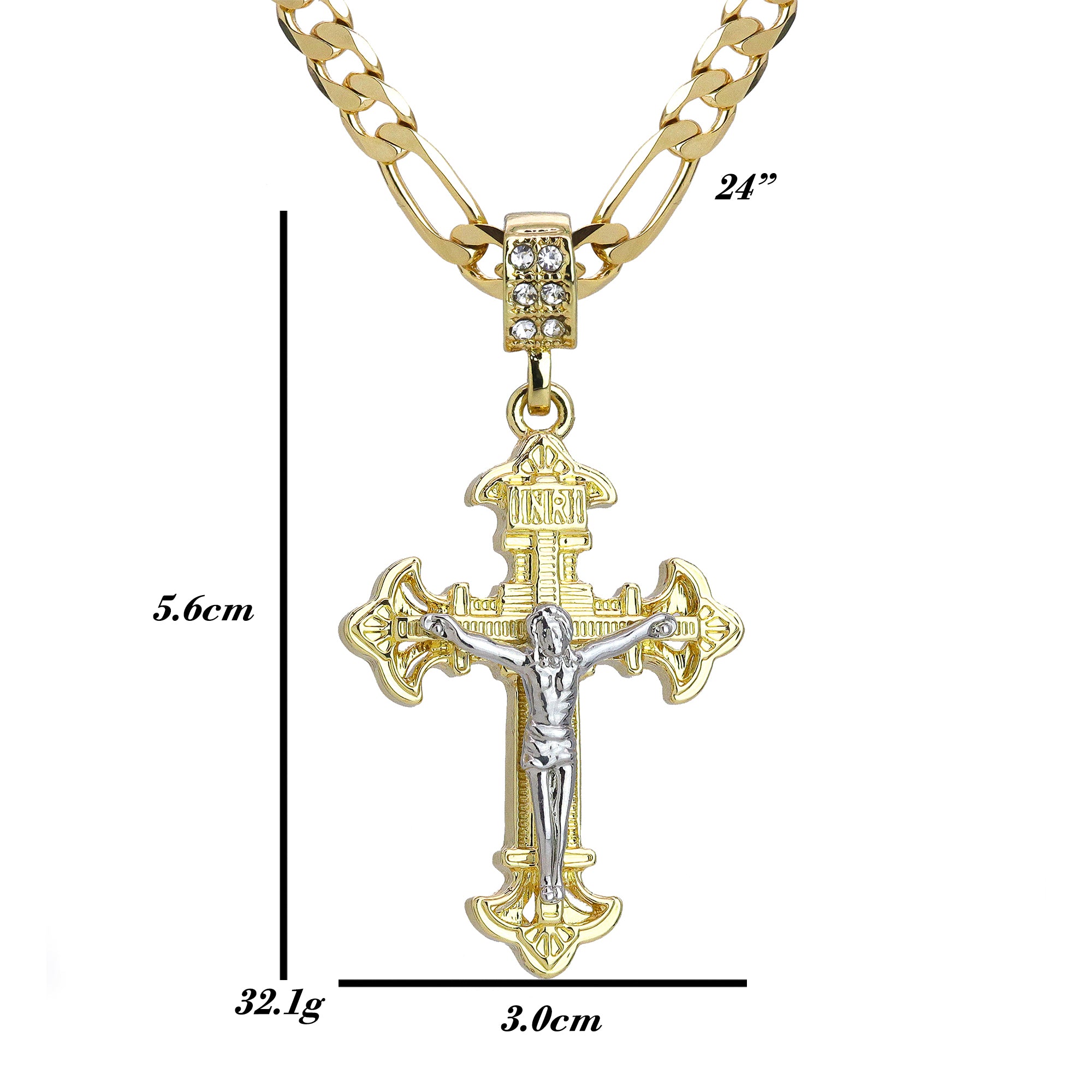 INRI Sharp Two Tone Jesus Cross Pendant 24" Figaro Chain Hip Hop Style 18k Gold Plated