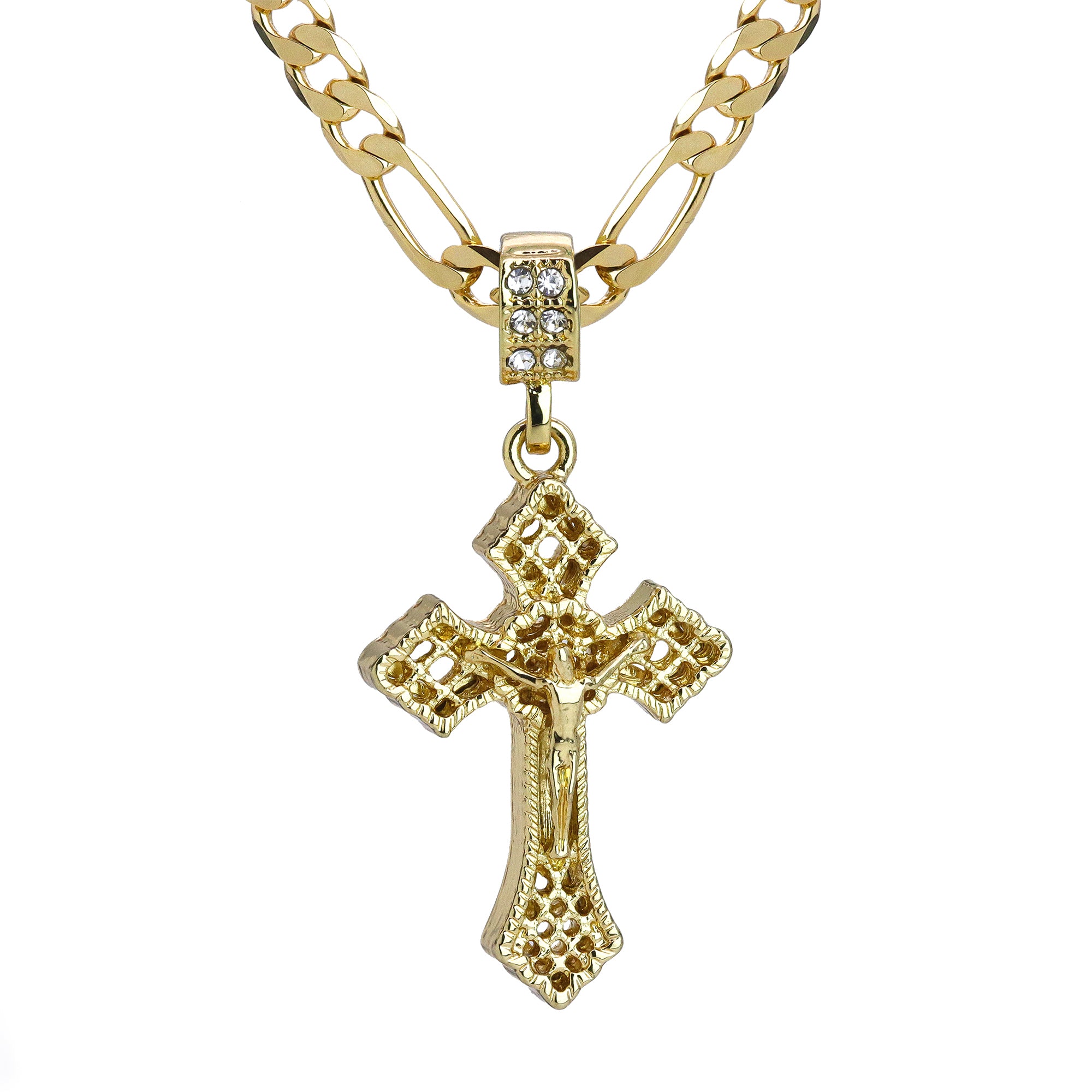 Sharp Plain Jesus Cross Pendant 24" Figaro Chain Hip Hop Style 18k Gold Plated