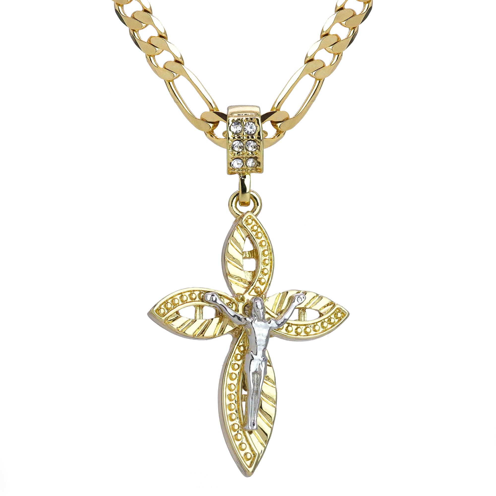 Oval Pattern Jesus Cross Pendant 24" Figaro Chain Hip Hop Style 18k Gold Plated