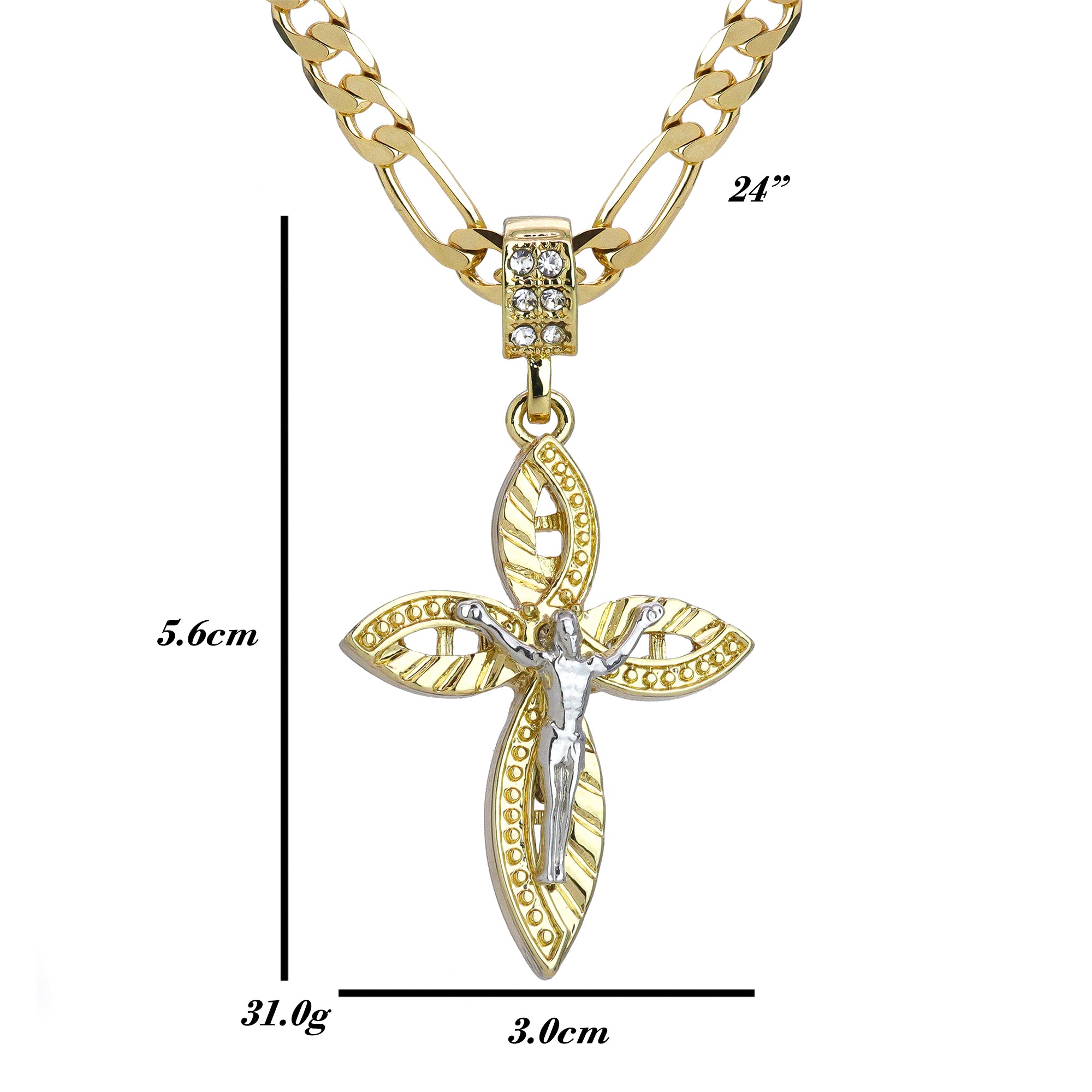 Oval Pattern Jesus Cross Pendant 24" Figaro Chain Hip Hop Style 18k Gold Plated