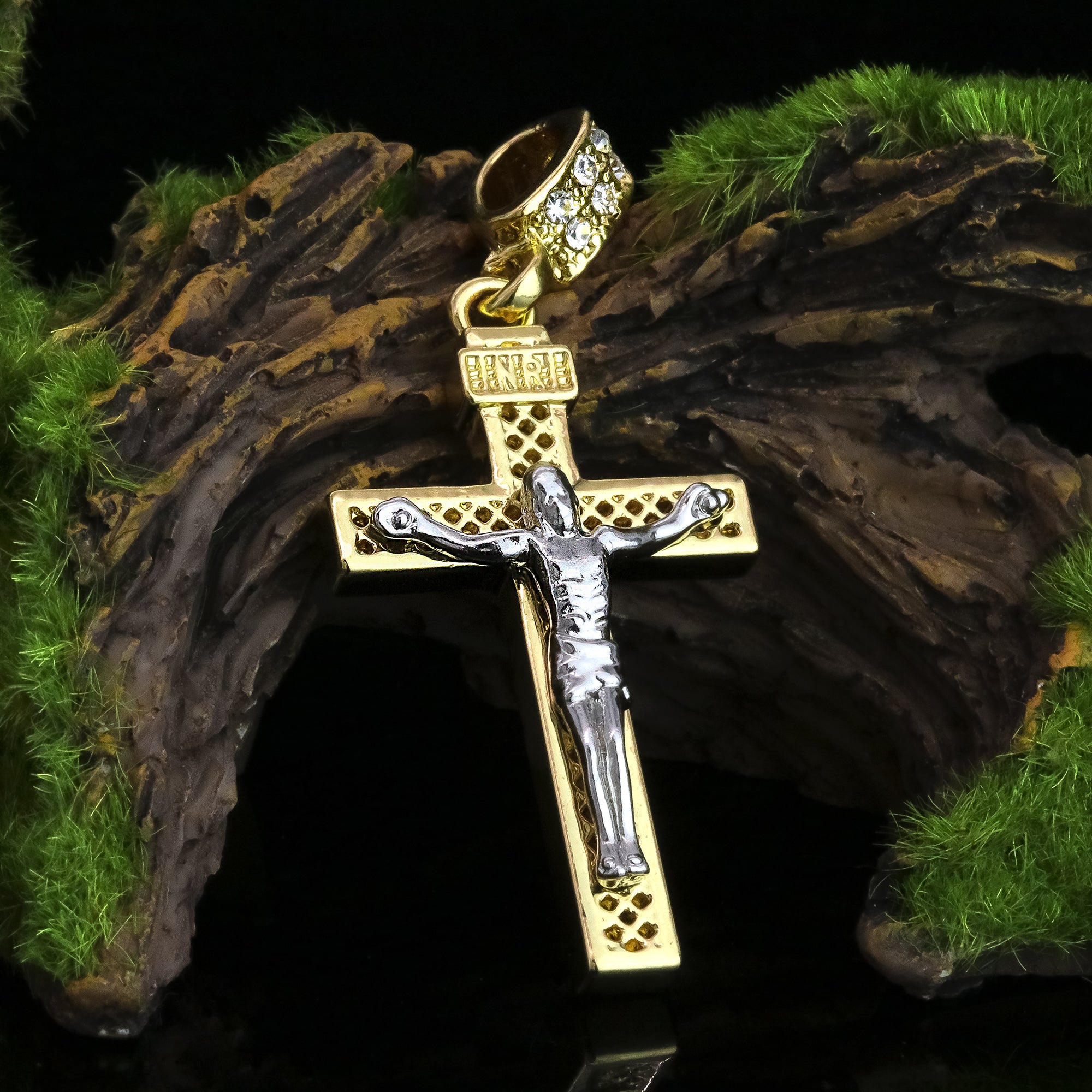 INRE Two Tone Jesus Cross Pendant 20" Figaro Chain Hip Hop Style 18k Gold Plated