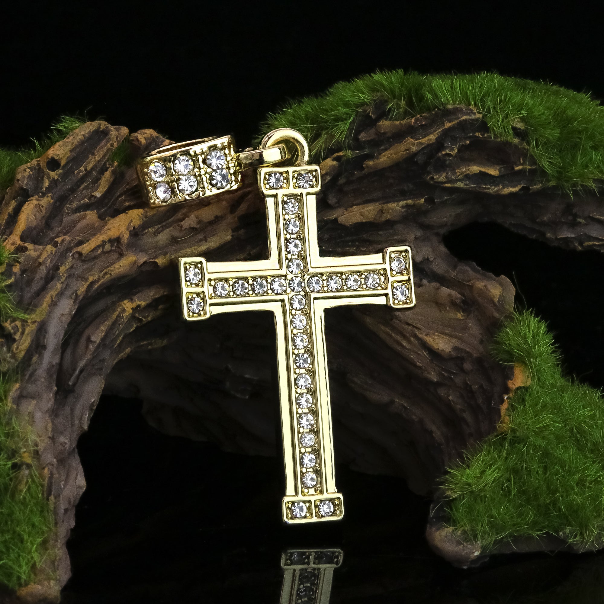 Single Row Cz Staple Cross Pendant 20" Figaro Chain Hip Hop Style 18k Gold Plated
