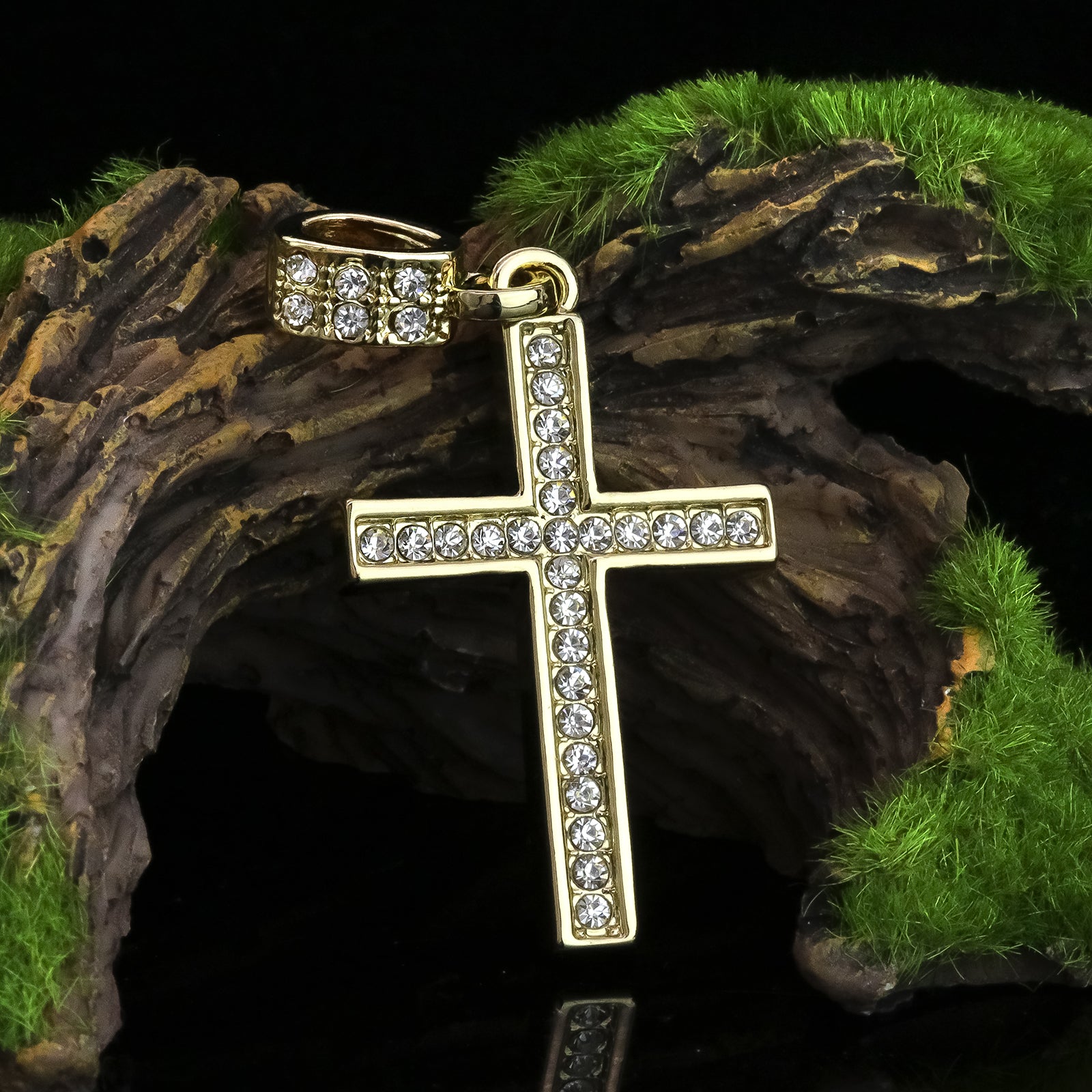 Single Row Cz Cross Pendant 20" Figaro Chain Hip Hop Style 18k Gold Plated