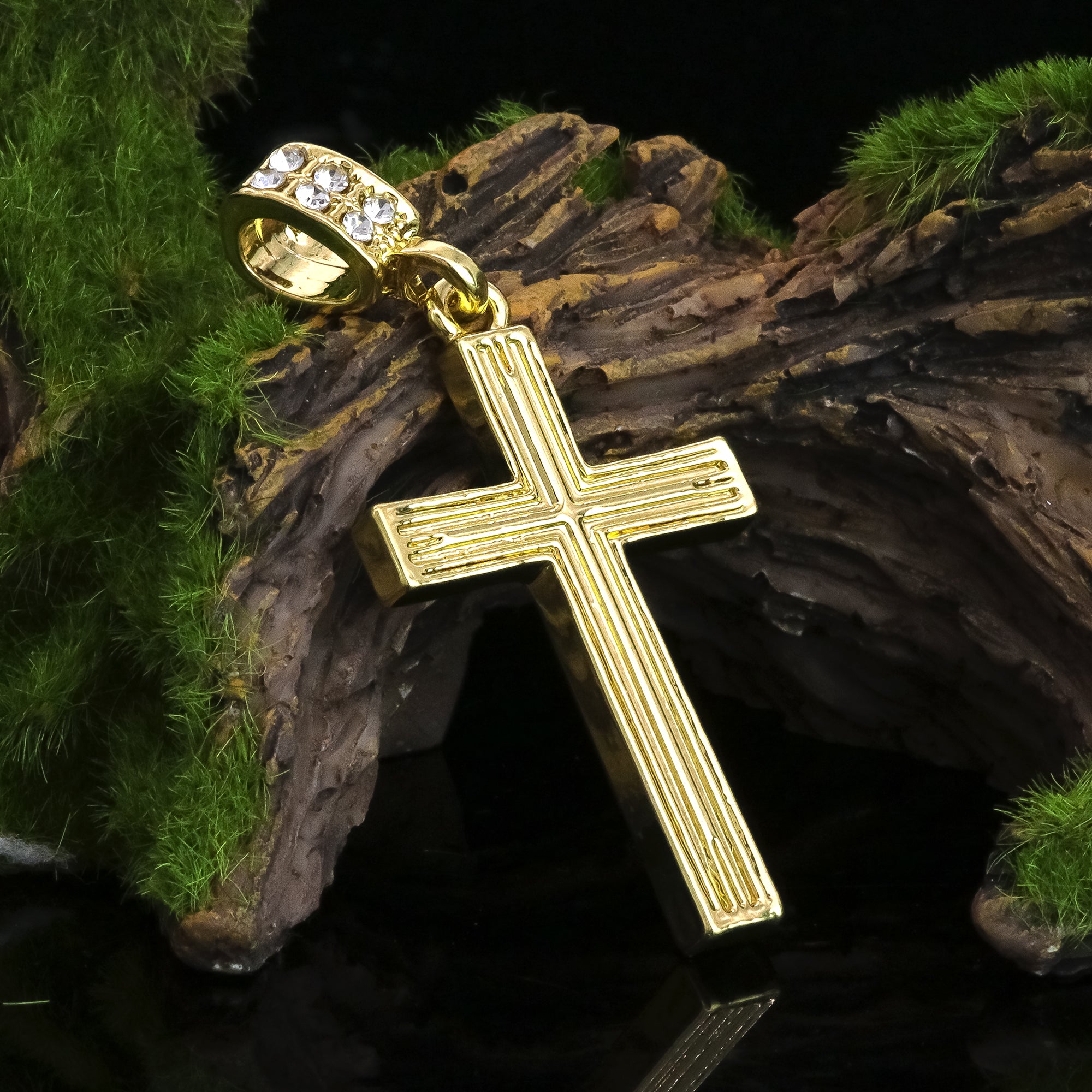 Line Cross Pendant 20" Figaro Chain Hip Hop Style 18k Gold Plated
