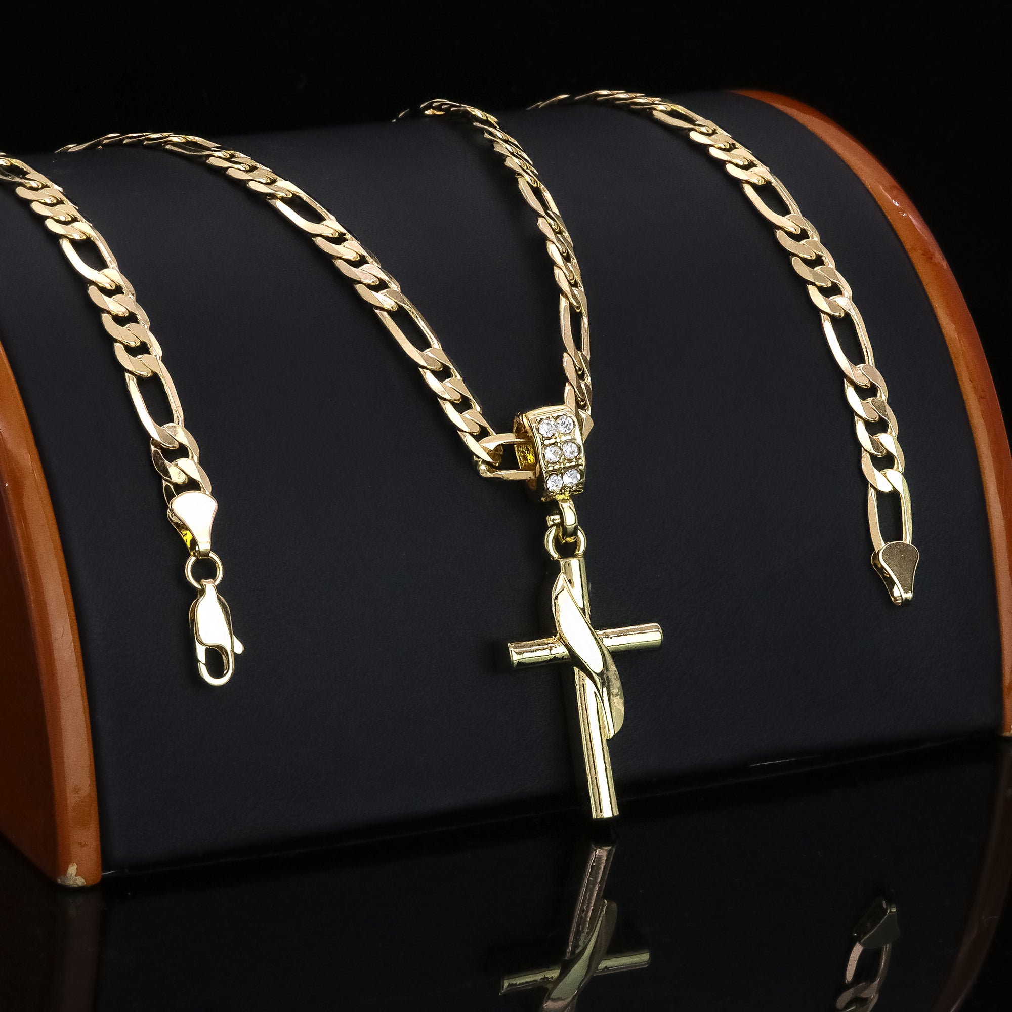 Drape Cross Pendant 20" Figaro Chain Hip Hop Style 18k Gold Plated