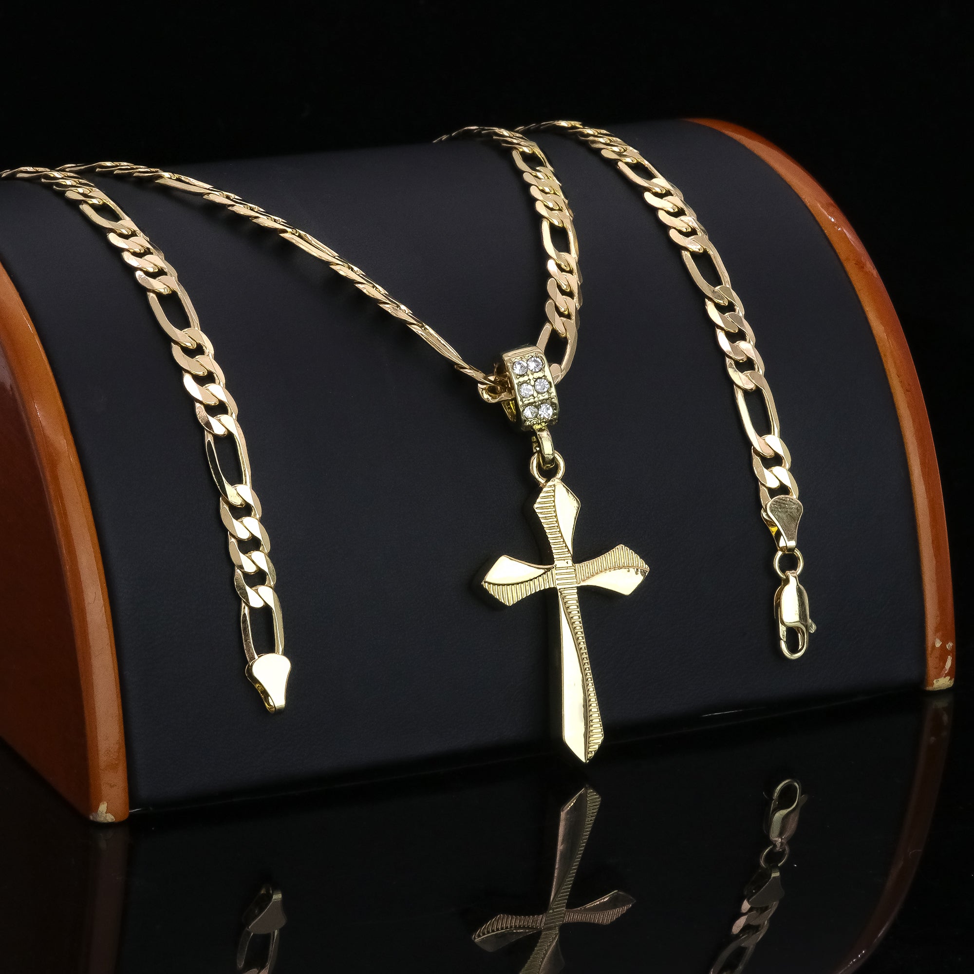 Clover Cross Pendant 20" Figaro Chain Hip Hop Style 18k Gold Plated