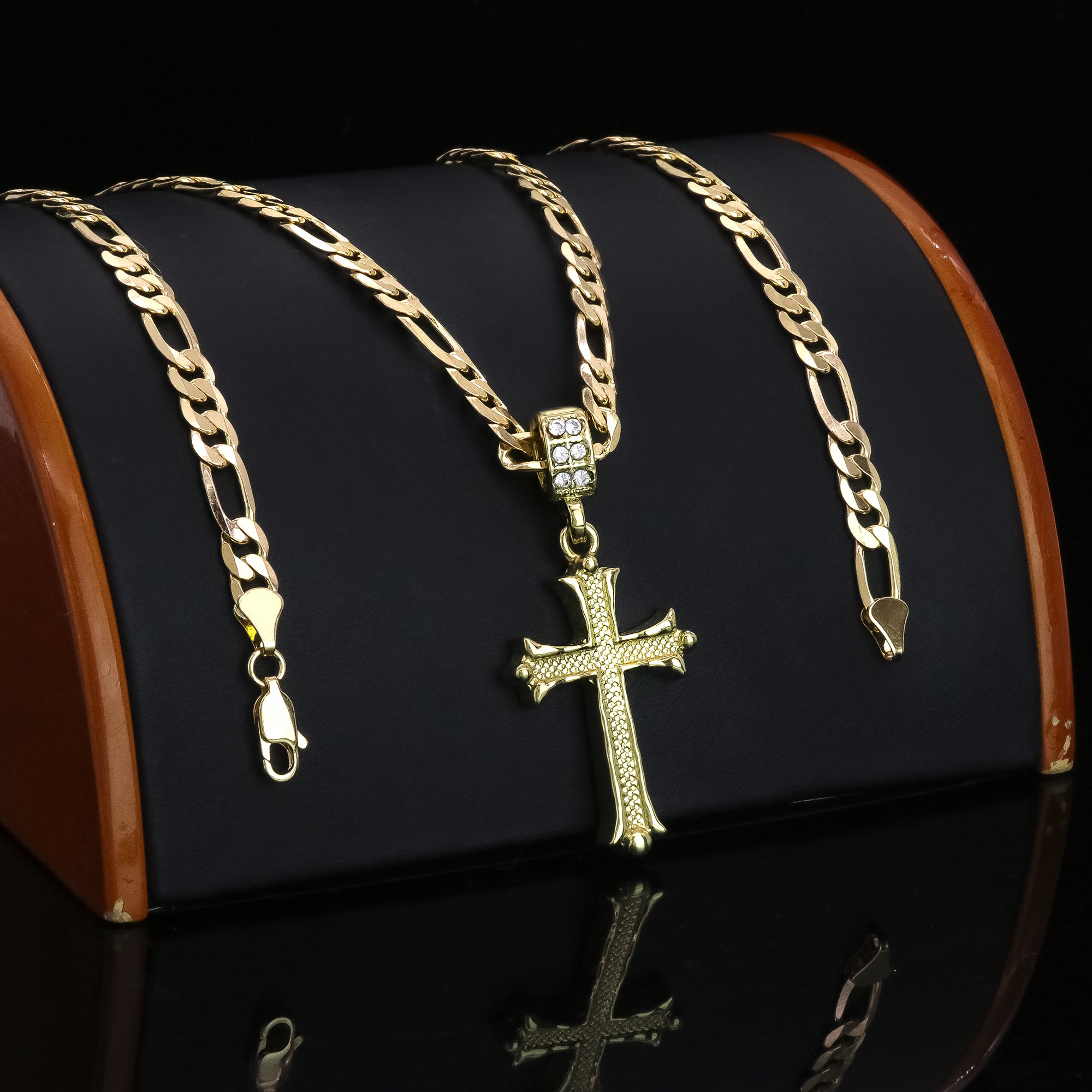 Ball Ended Cross Pendant 20" Figaro Chain Hip Hop Style 18k Gold Plated