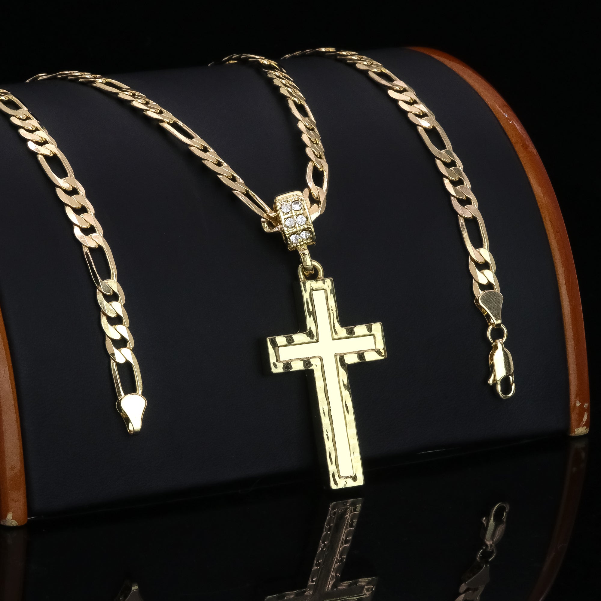 Plain Cross Pendant 20" Figaro Chain Hip Hop Style 18k Gold Plated