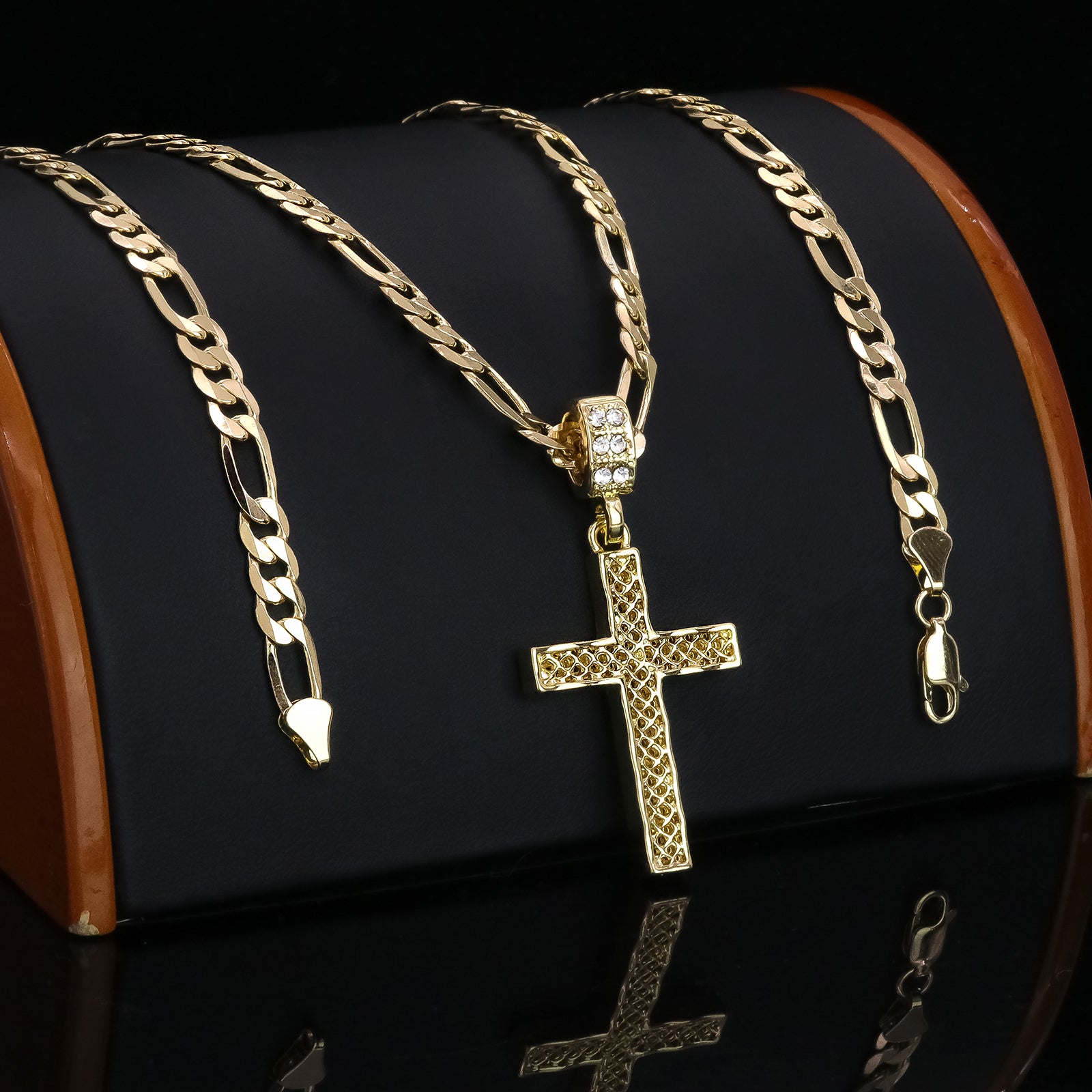Hallow Curve Cross Pendant 20" Figaro Chain Hip Hop Style 18k Gold Plated