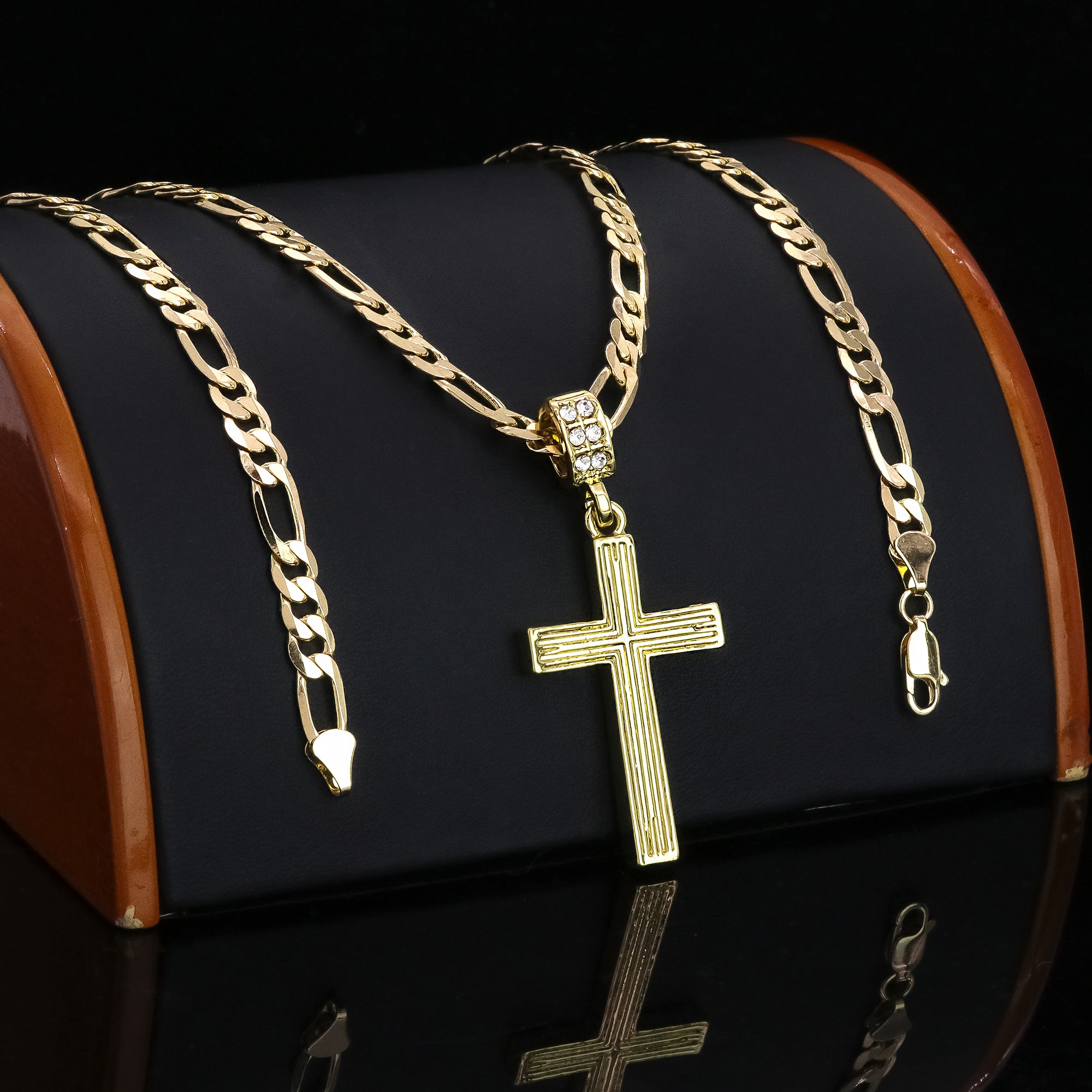 Line Cross Pendant 20" Figaro Chain Hip Hop Style 18k Gold Plated