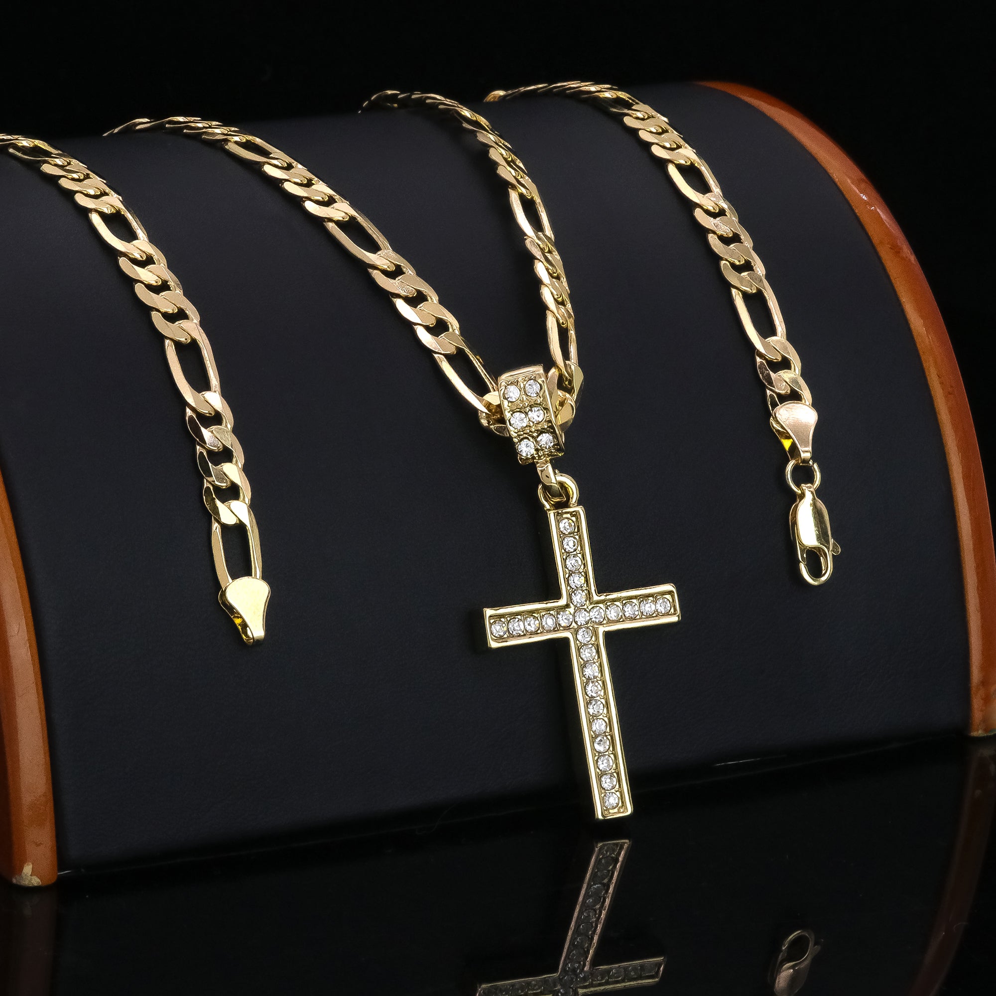 Single Row Cz Cross Pendant 20" Figaro Chain Hip Hop Style 18k Gold Plated